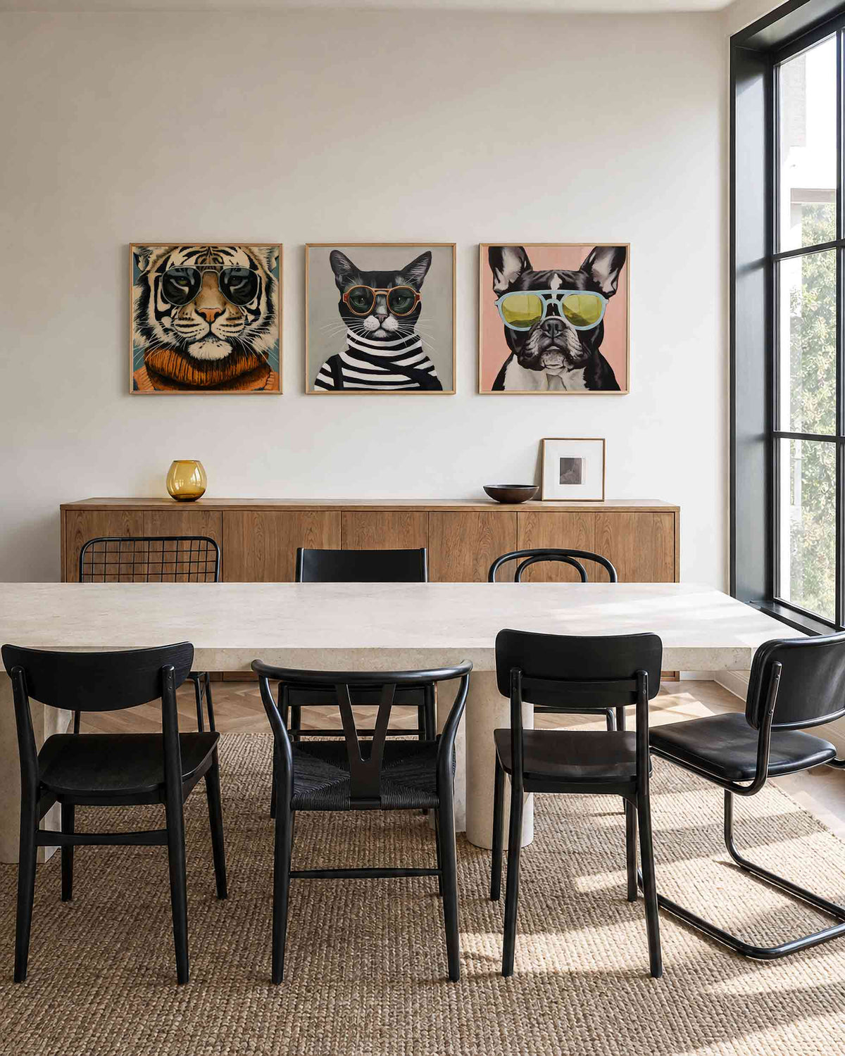 Interieurpresentatie van een driedelige vierkante posterset met dieren met zonnebrillen