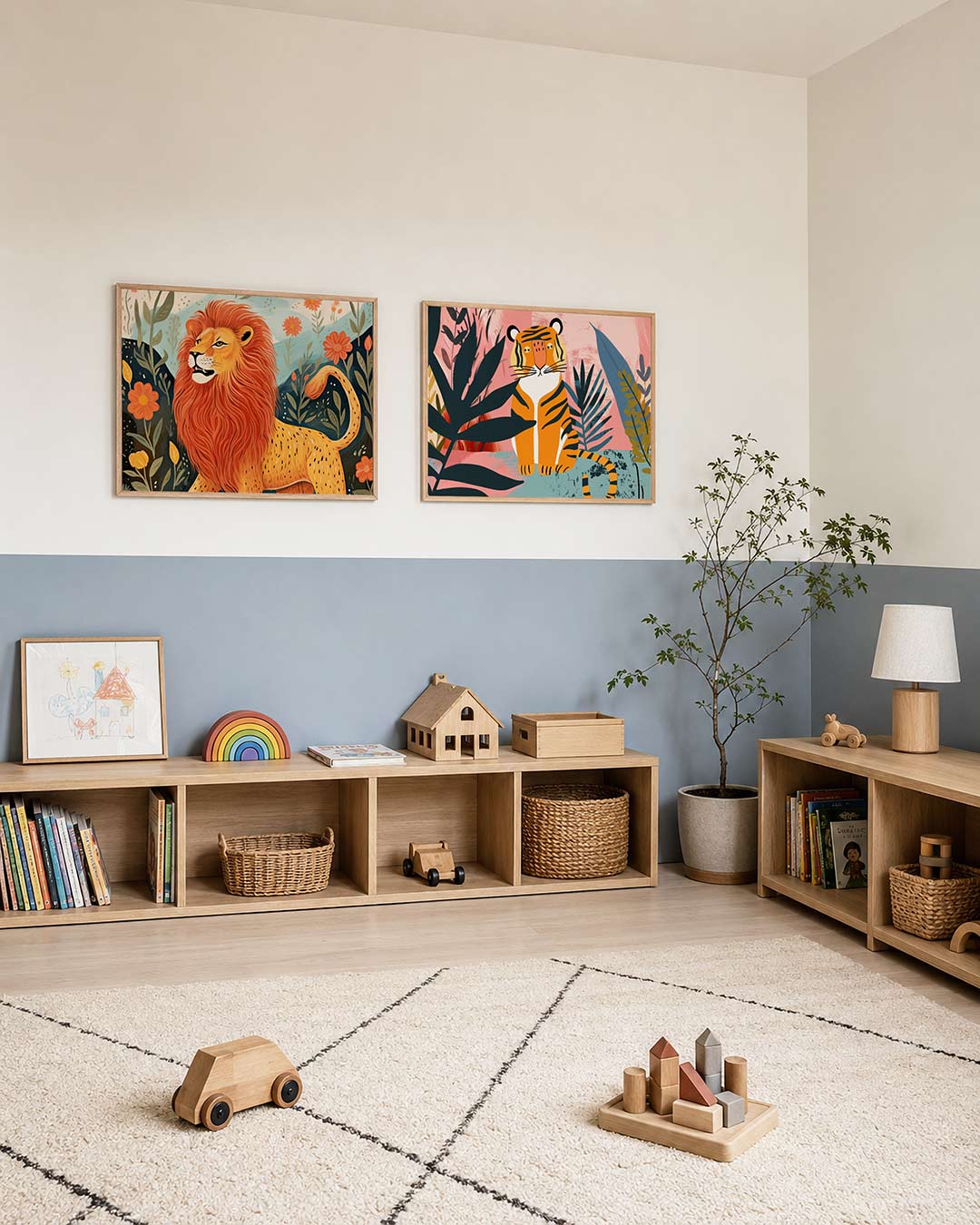 Tweedelige posterset met een majestueuze leeuw met een vurige manen, getoond in een interieur