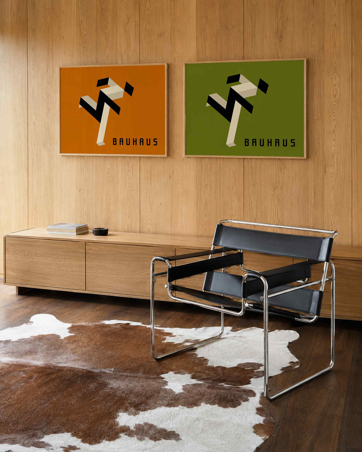 Interieurmockup van tweedelige landscape-posterset met zigzaggende linten in oranje en olijf