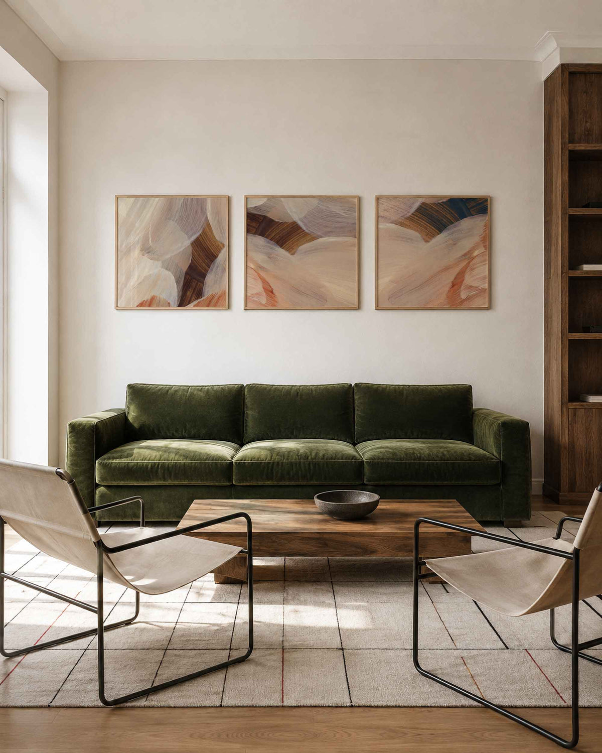 Interieurpresentatie van een driedelige vierkante posterset met abstracte aardetinten