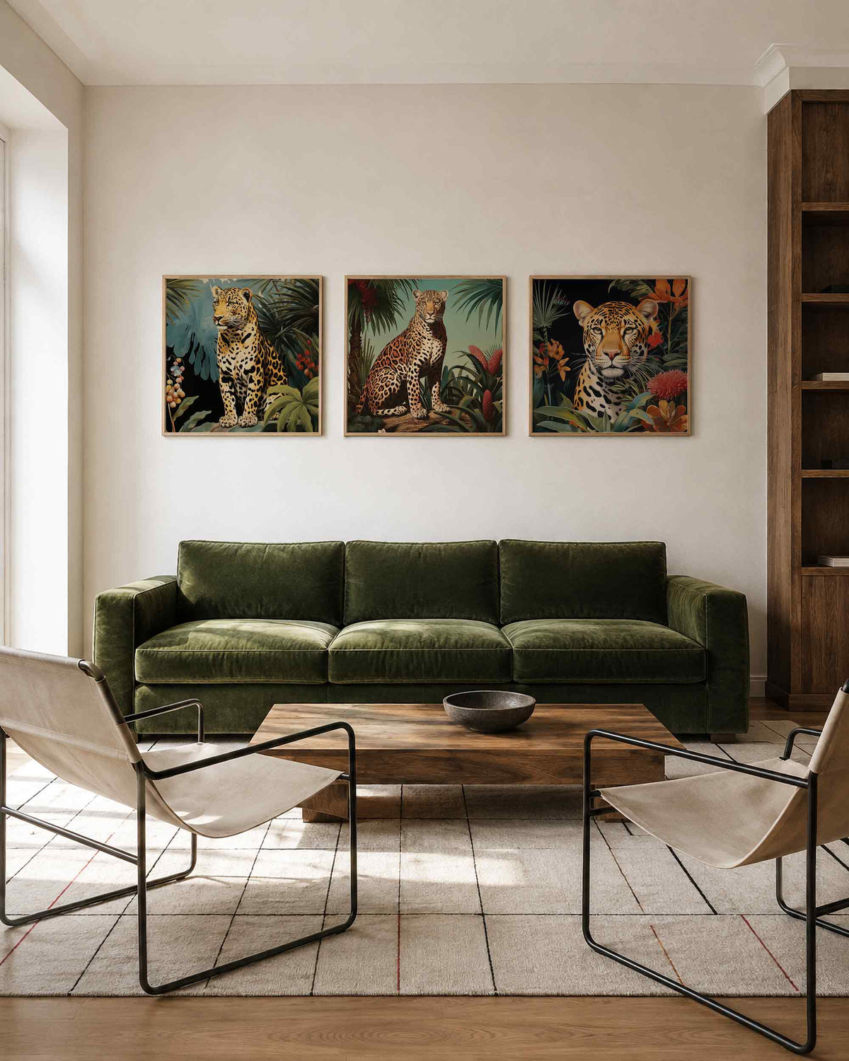 Interieurpresentatie van een driedelige vierkante posterset met luipaarden in tropisch groen