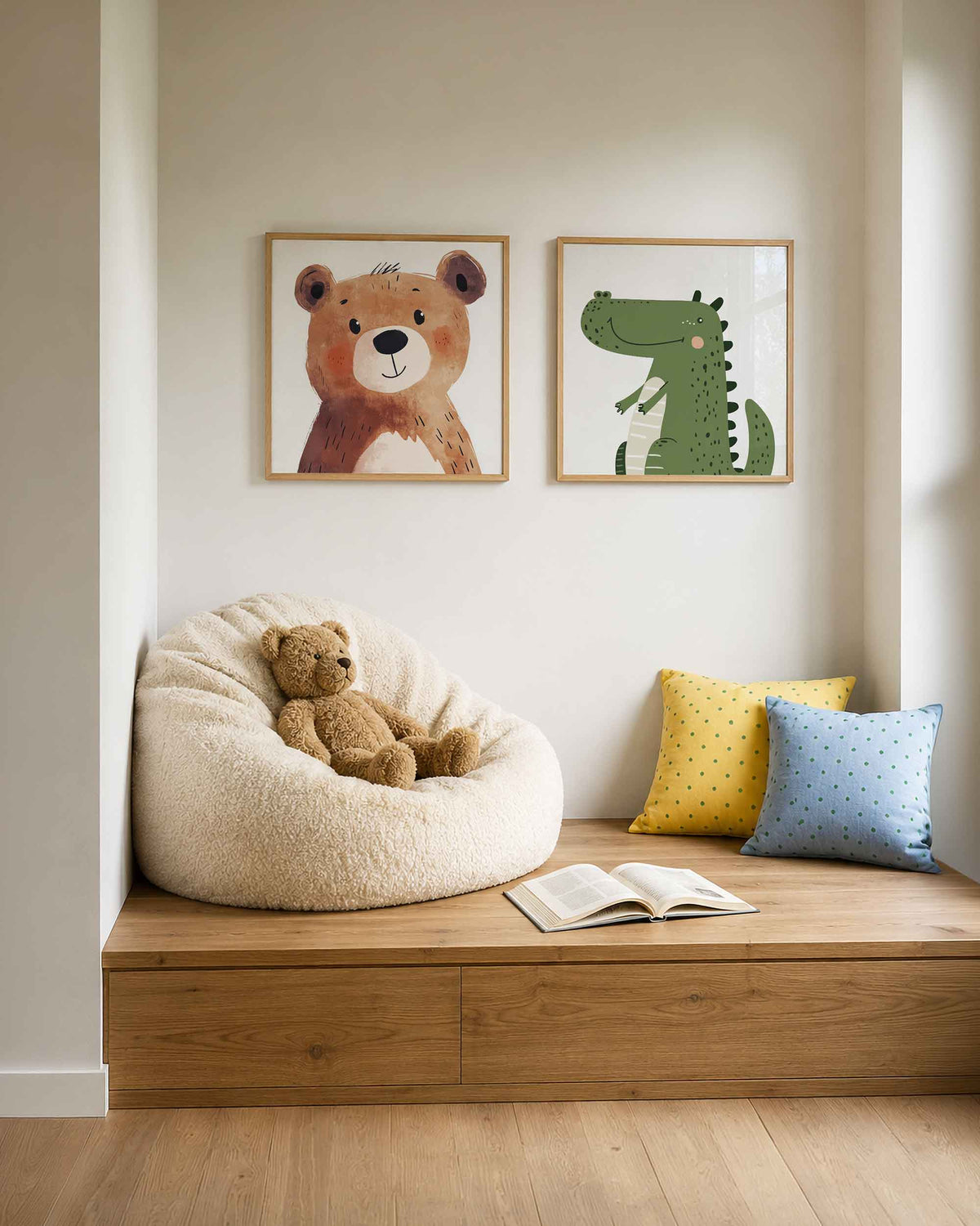 Interieurpresentatie van een tweedelige vierkante posterset met beer en krokodil