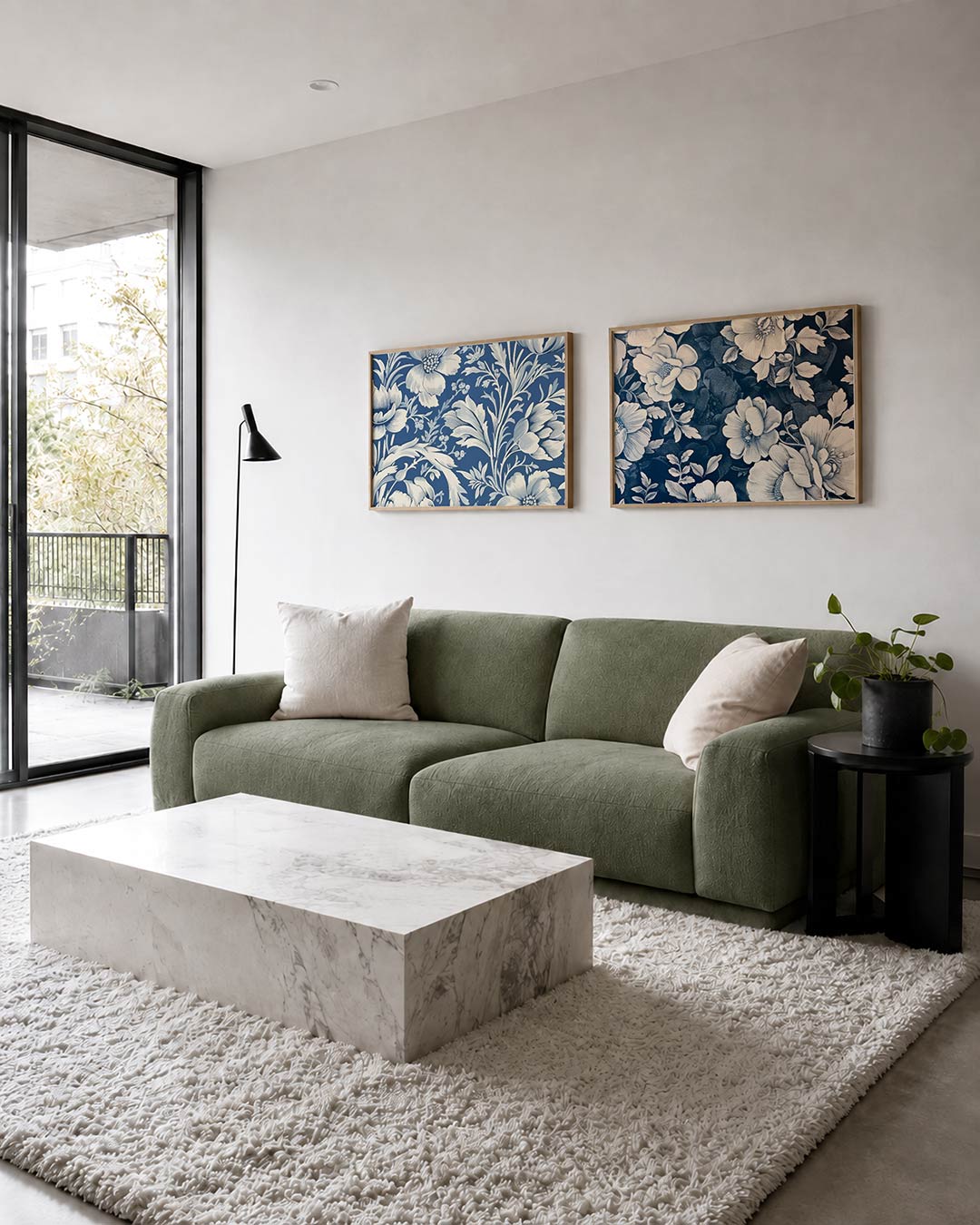 Twee liggende posters met een weelderig spel van witte bloemen en bladeren op een diepblauwe, aan de muur in een interieur