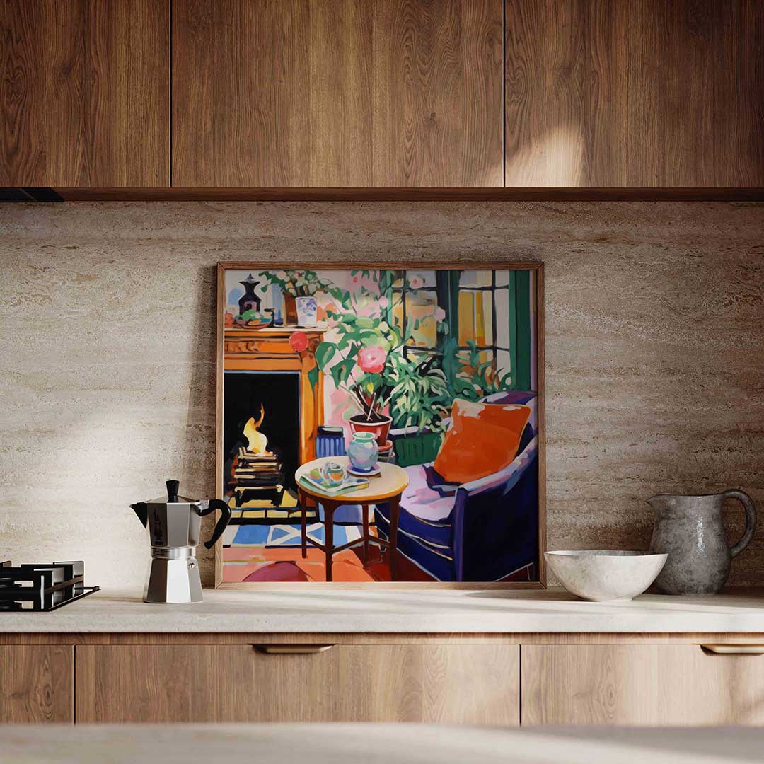 Interieur met open haard Poster