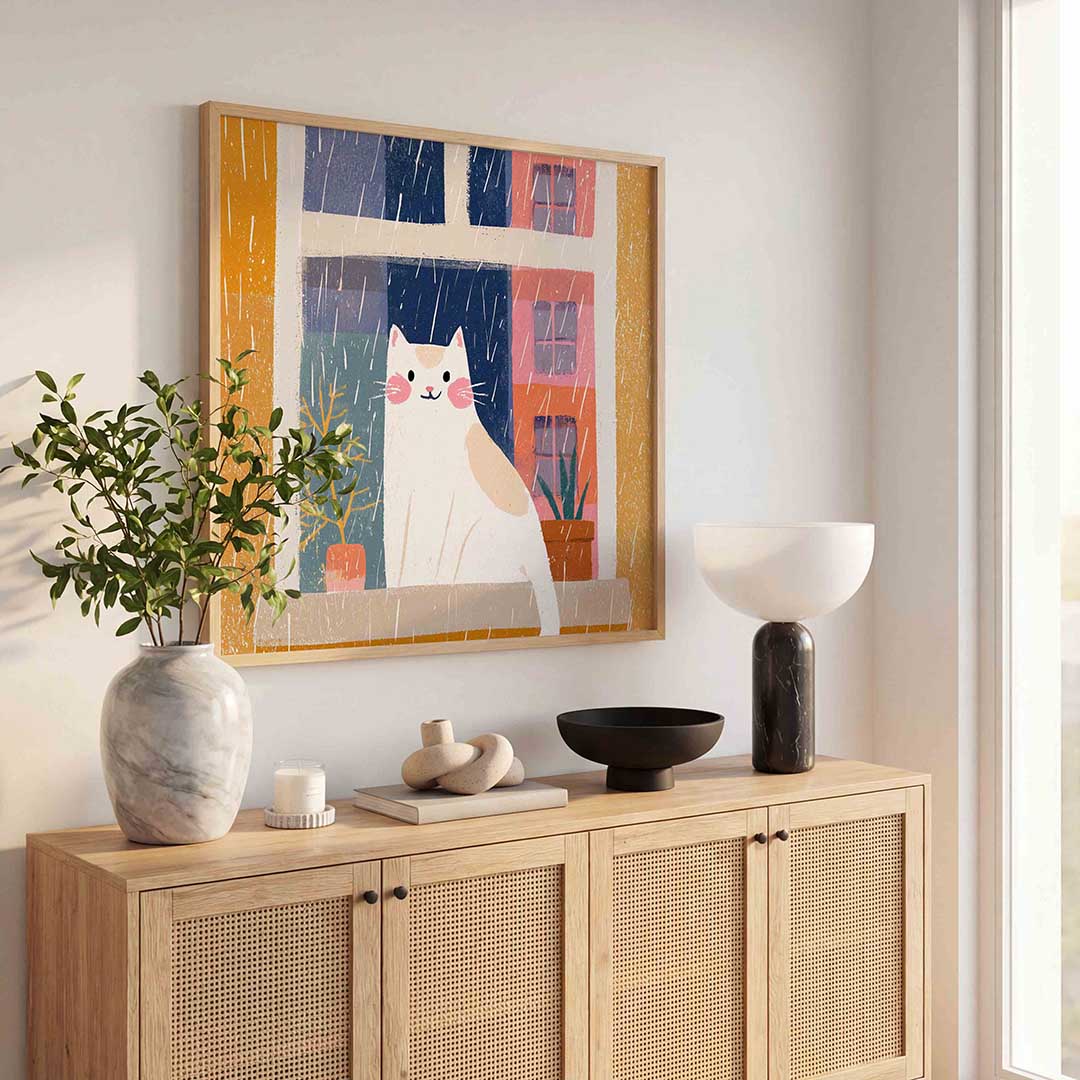 Kat bij raam Poster