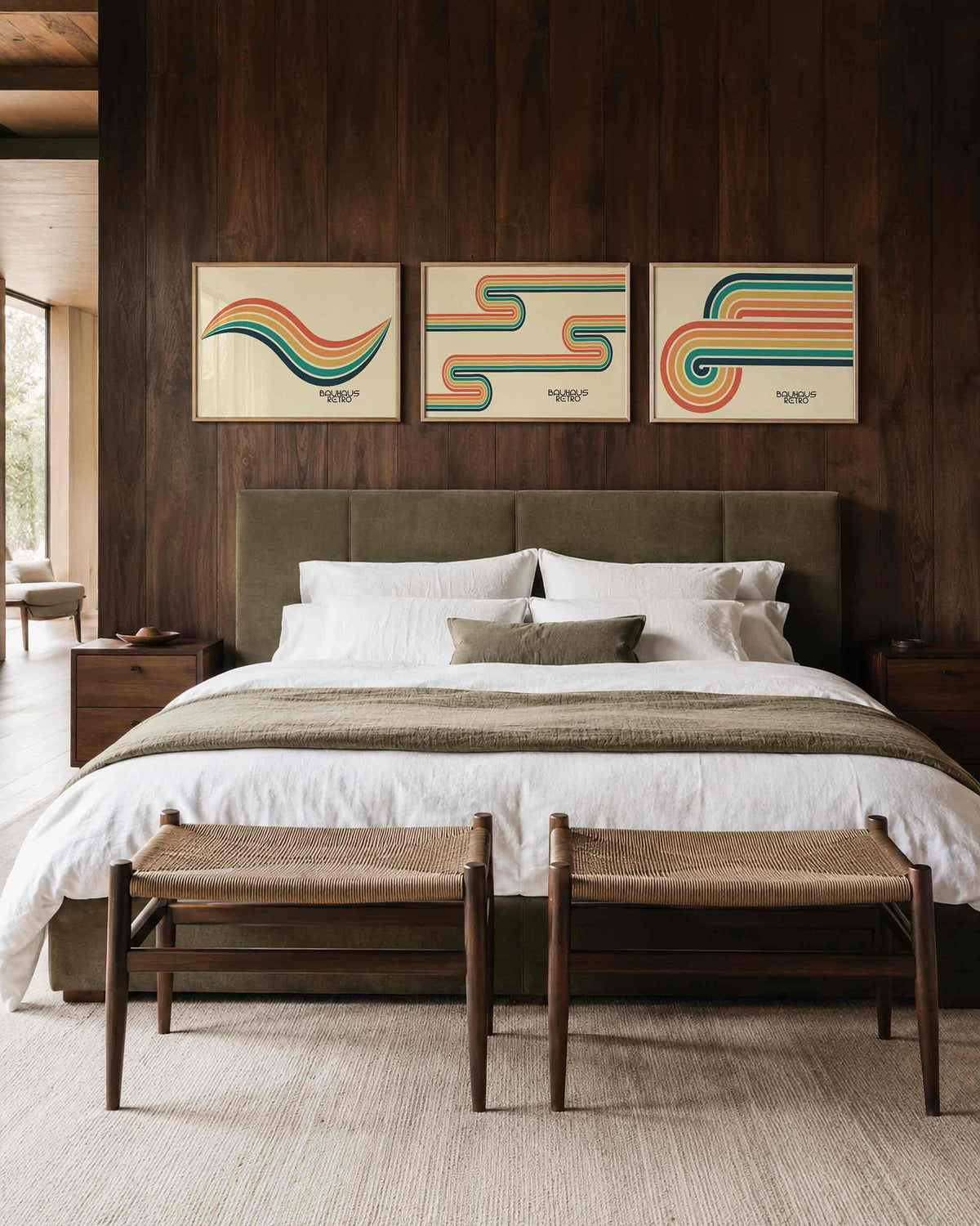 Interieurmockup van drieluik landscape-posterset met golven en lijnbogen