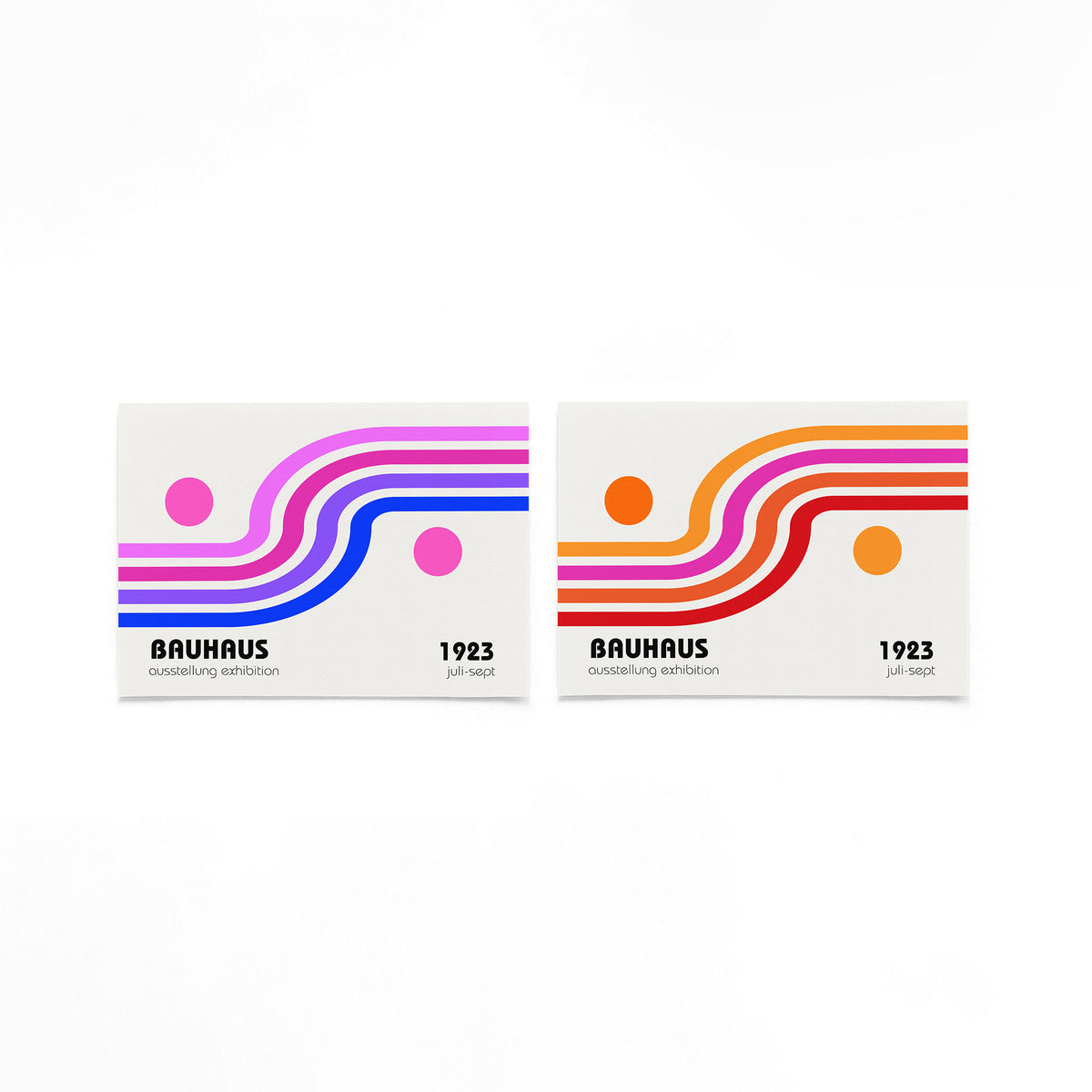 Twee landscape posters met golvende kleurenbanen en cirkels als vrijstaande productfoto