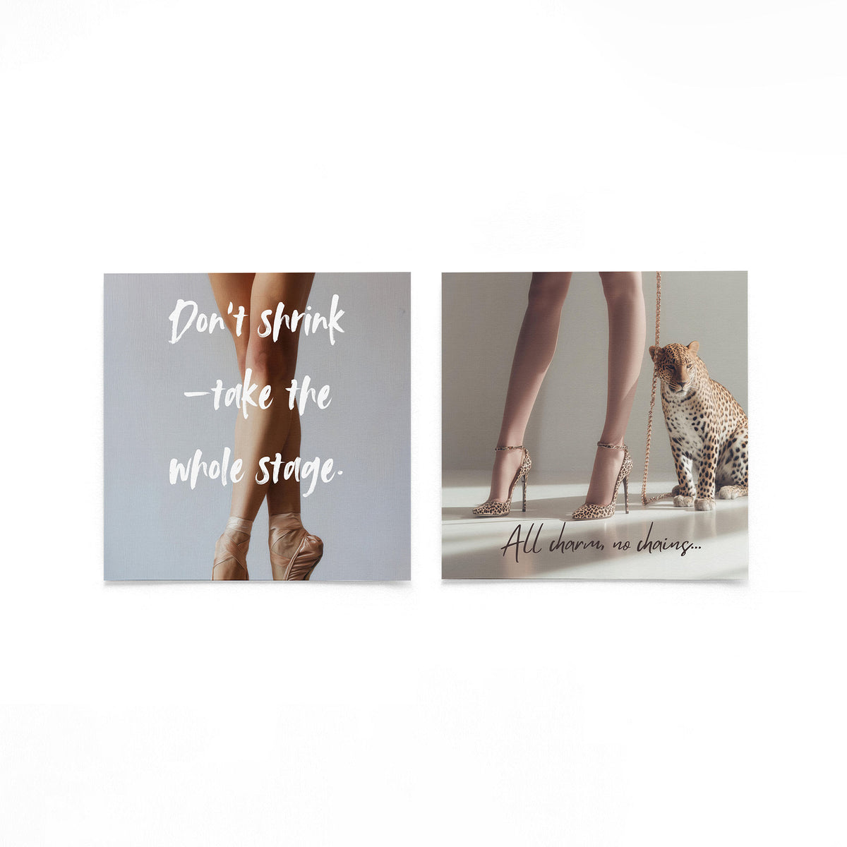 Twee vierkante posters met ballerina en luipaard op een gebroken witte achtergrond