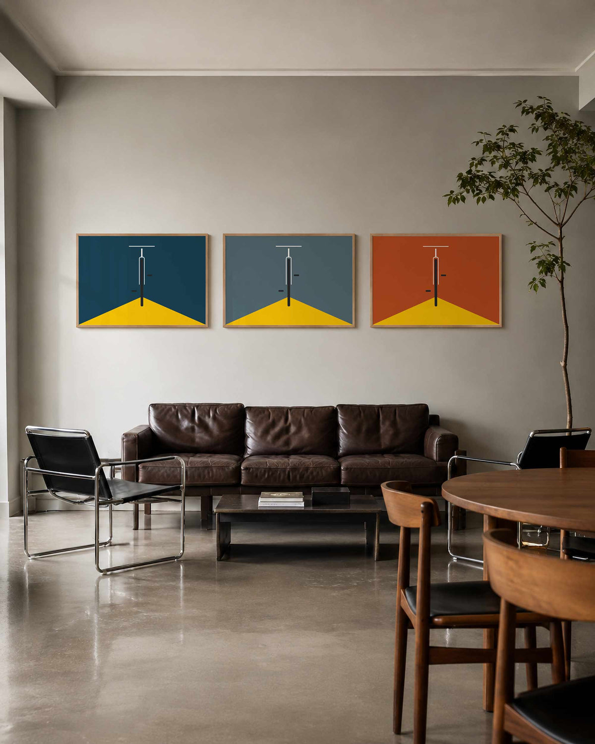 Interieurmockup van drieluik landscape-posterset met kleurvlakken met centrale lijn