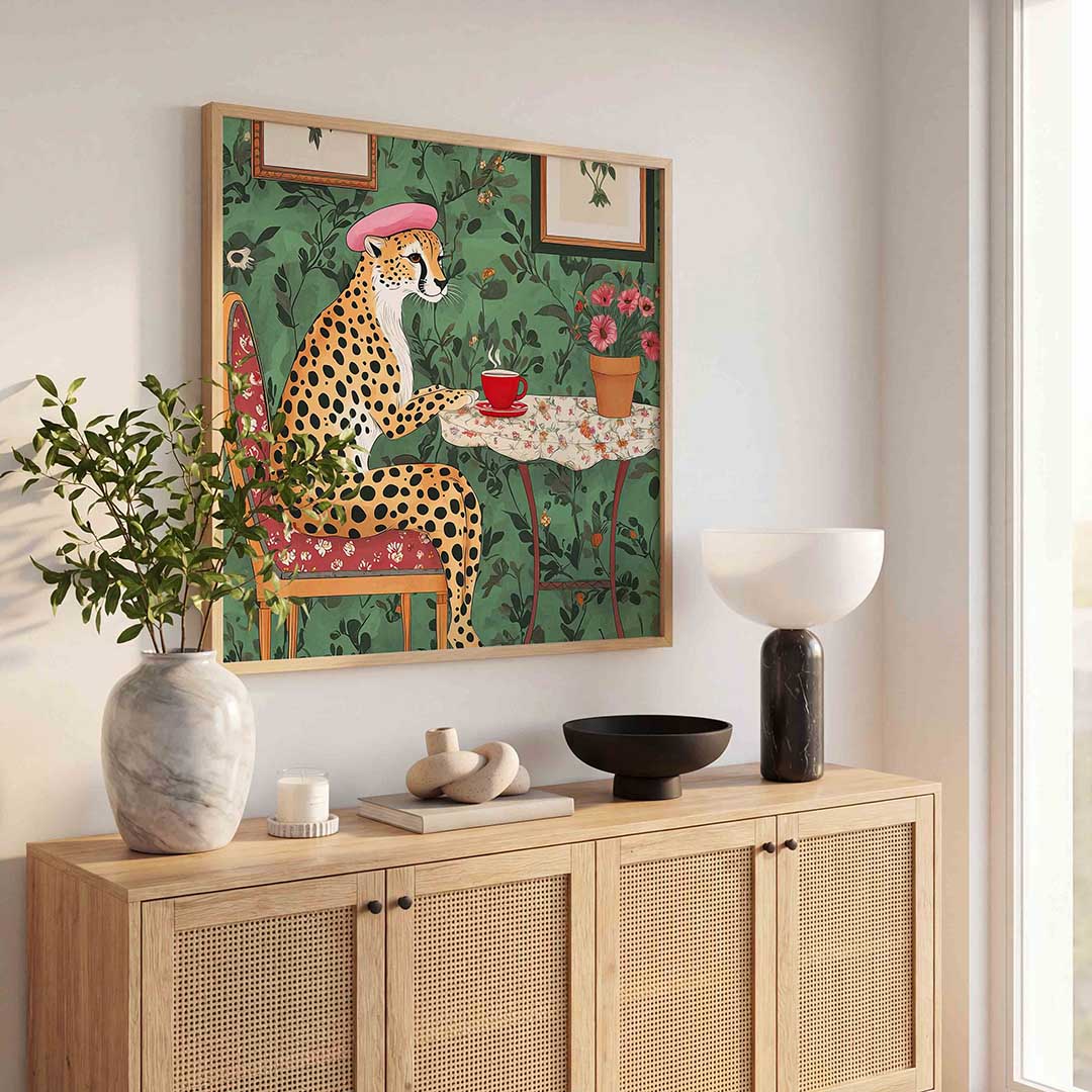 Cheetah met hoed en koffie Poster