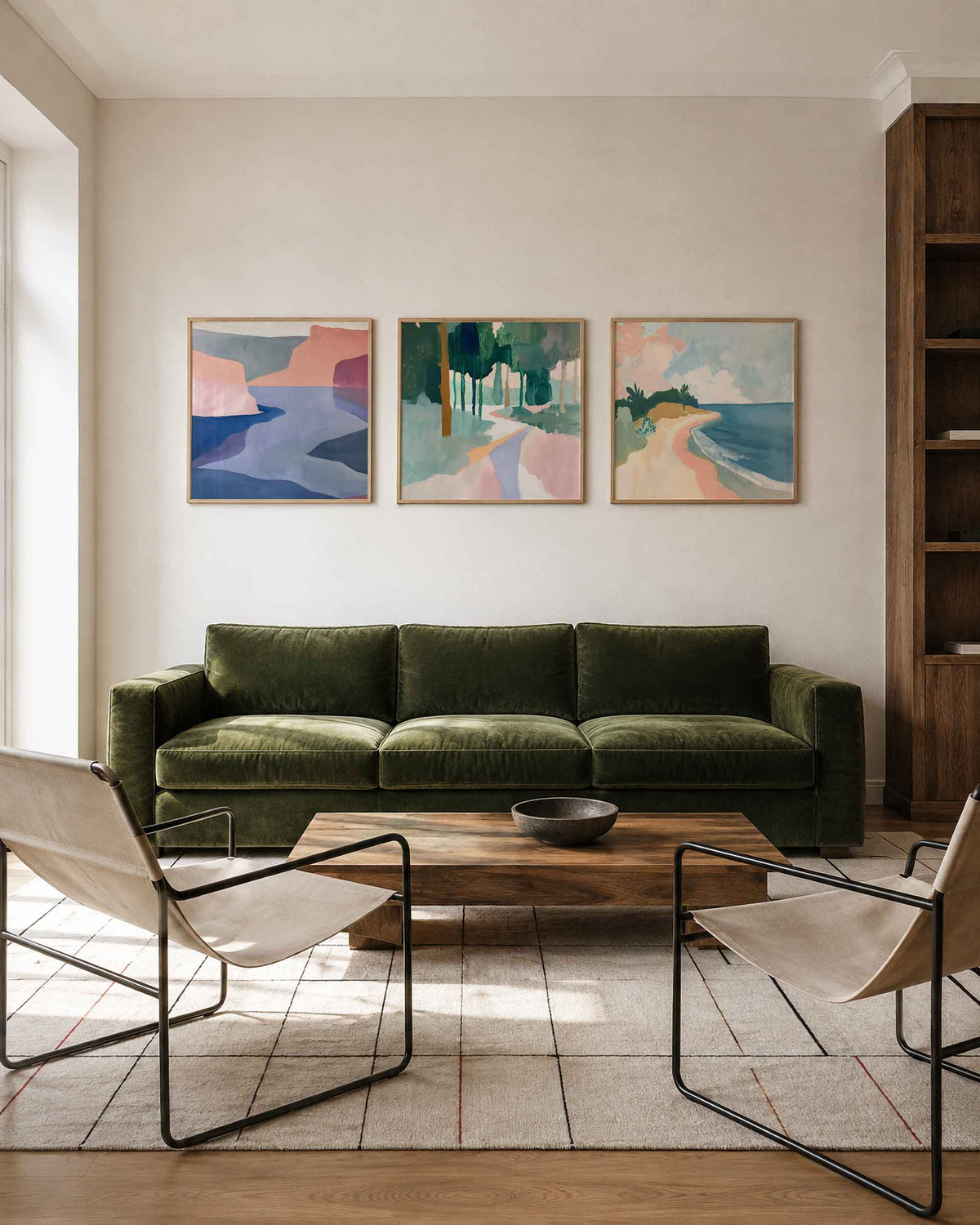 Interieurpresentatie van een driedelige vierkante posterset met abstracte kustlandschappen