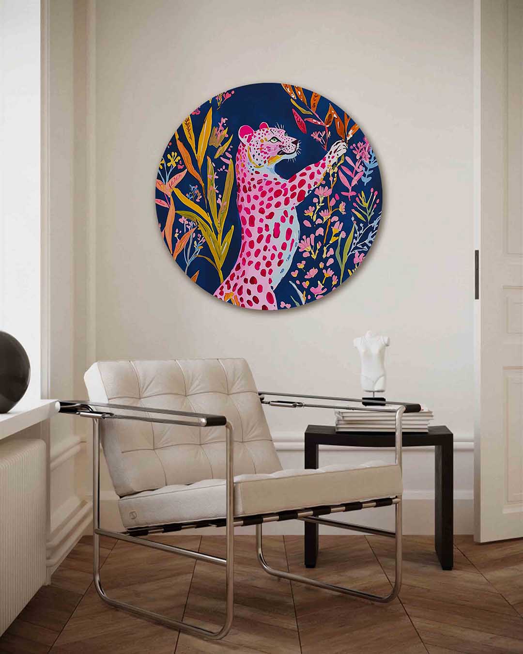Roze luipaard met bloemen Muurcirkel