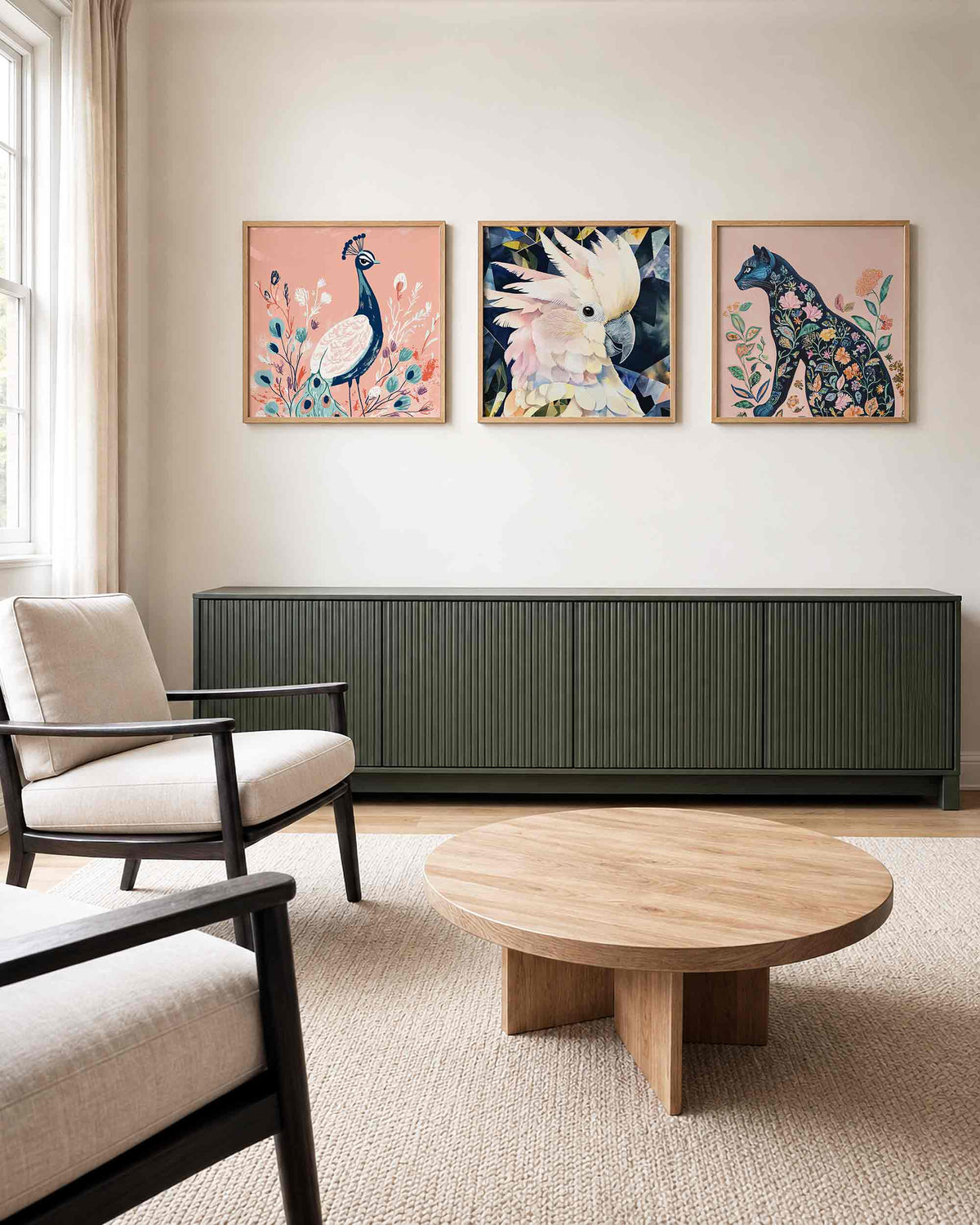 Interieurpresentatie van een driedelige vierkante posterset met vogels en bloemen