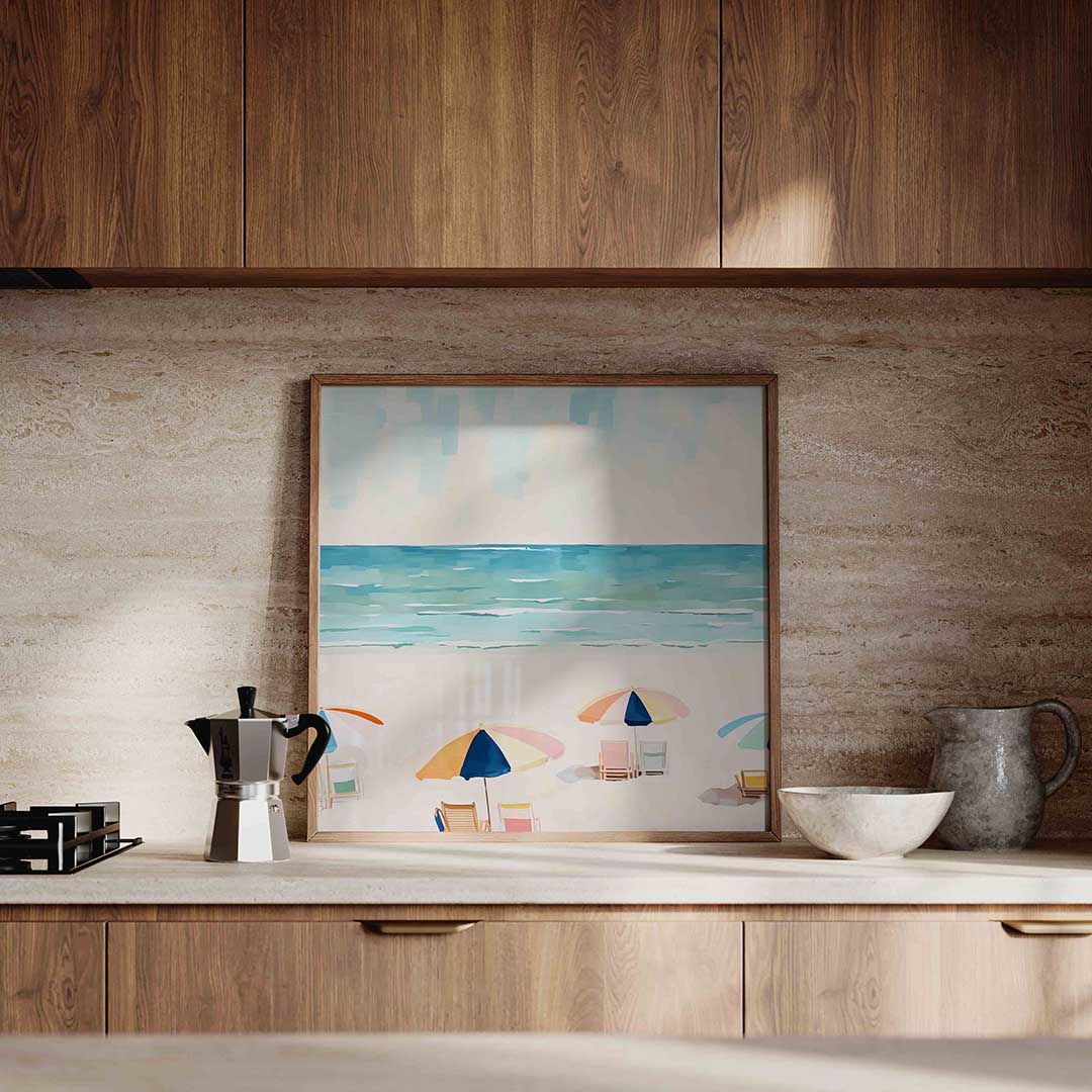 Strand met parasols Poster
