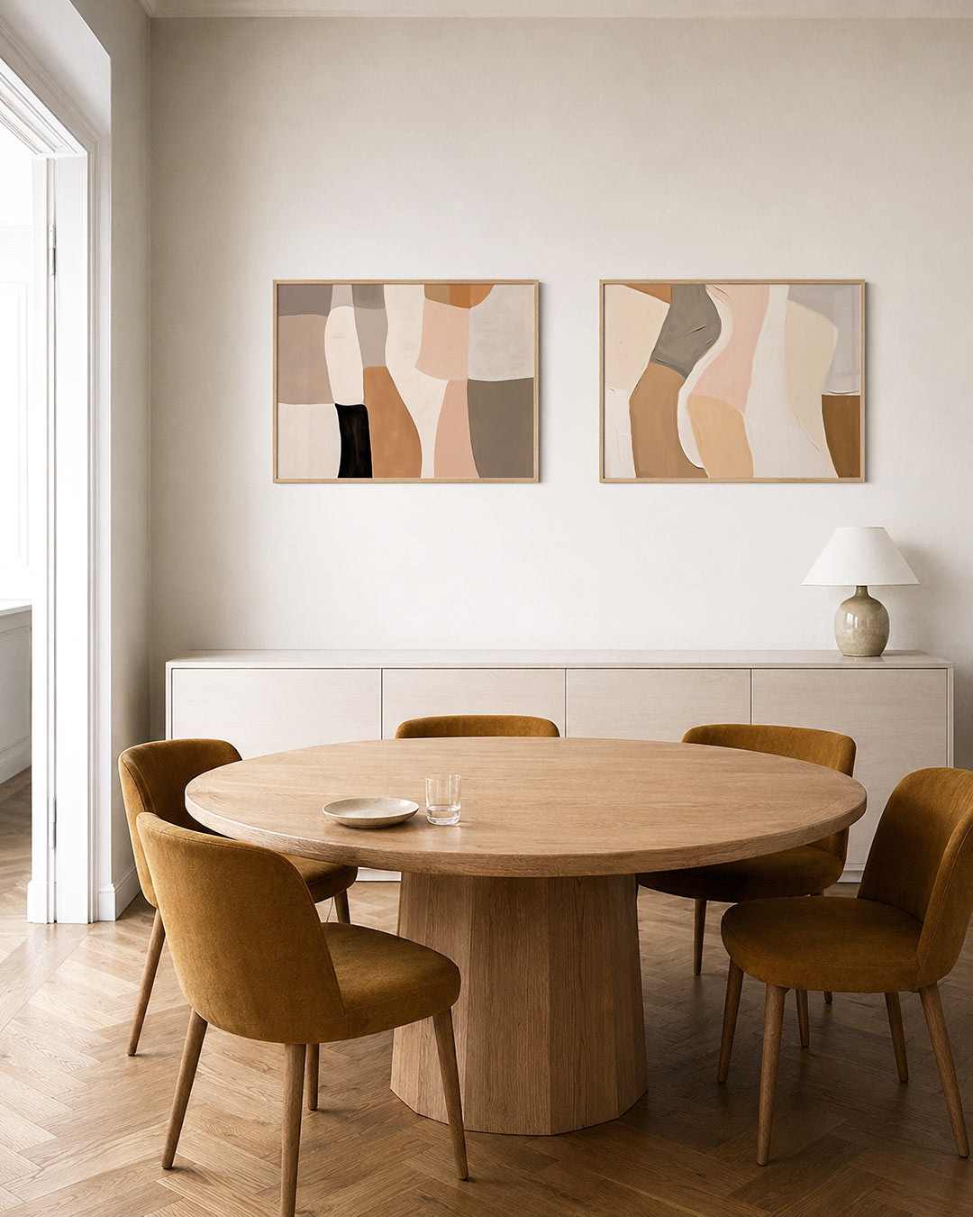 Twee liggende posters met zachte, aardse tinten, aan de muur in een interieur