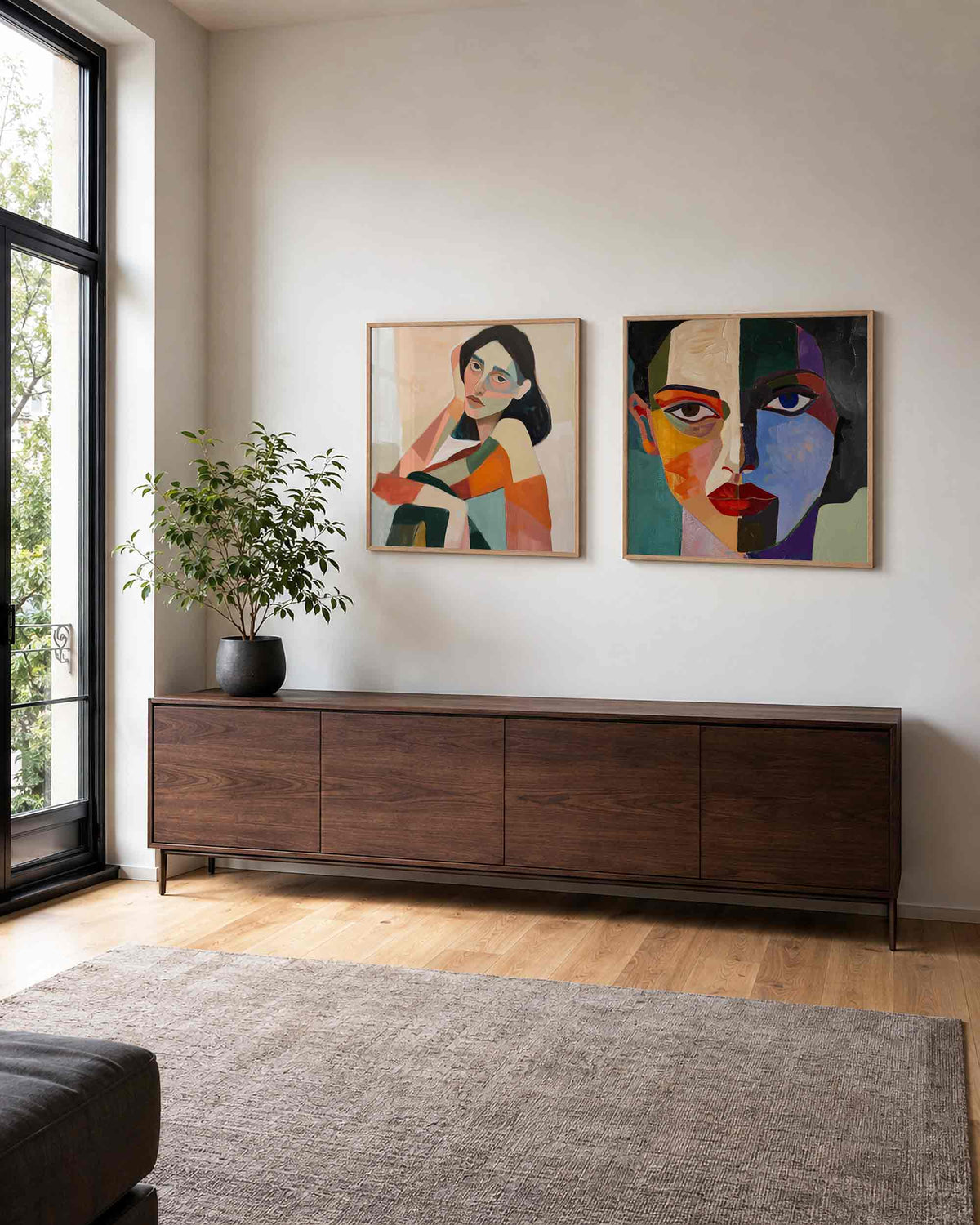 Interieurpresentatie van een tweedelige vierkante posterset met portretten in kleur
