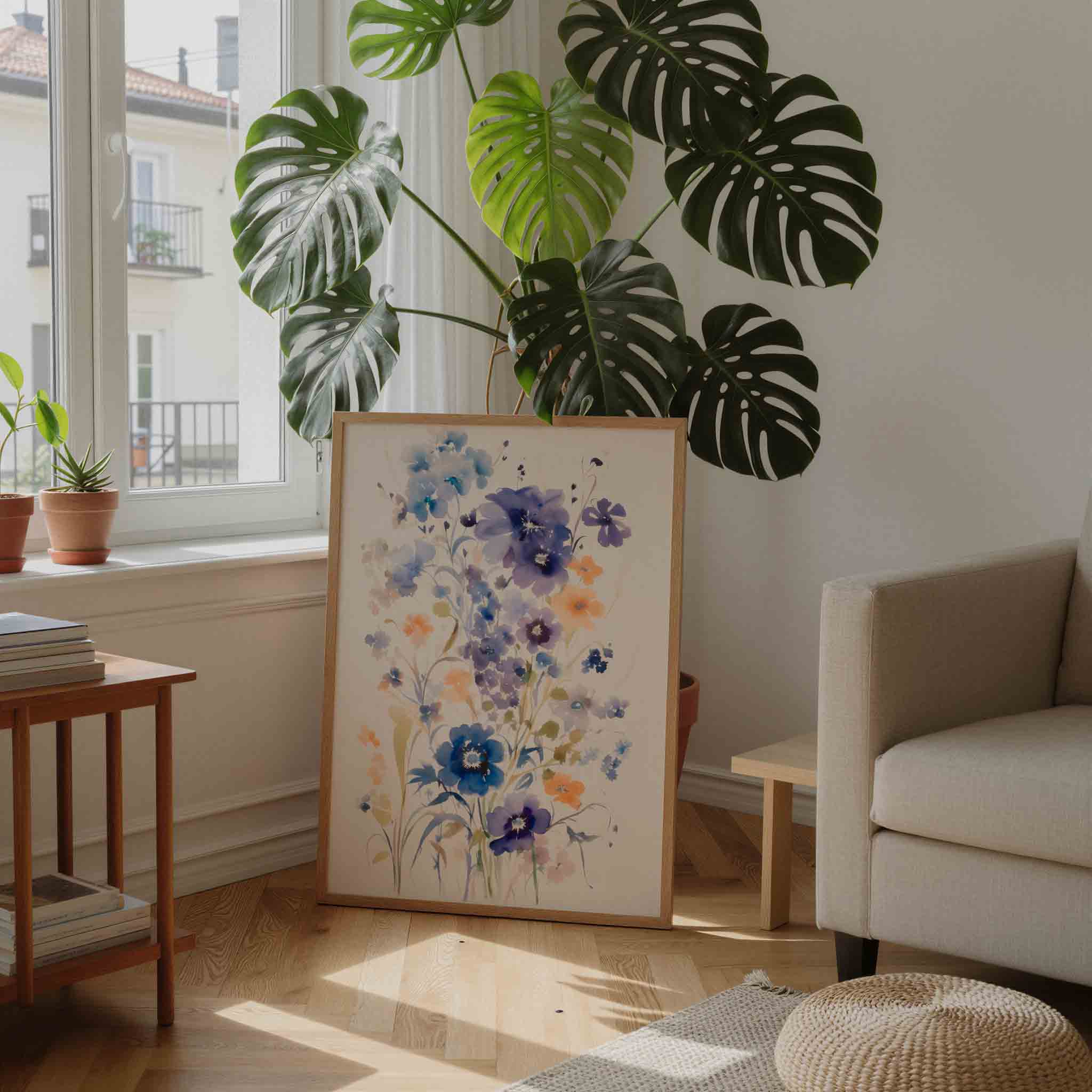 Bloemen in blauw en oranje Poster