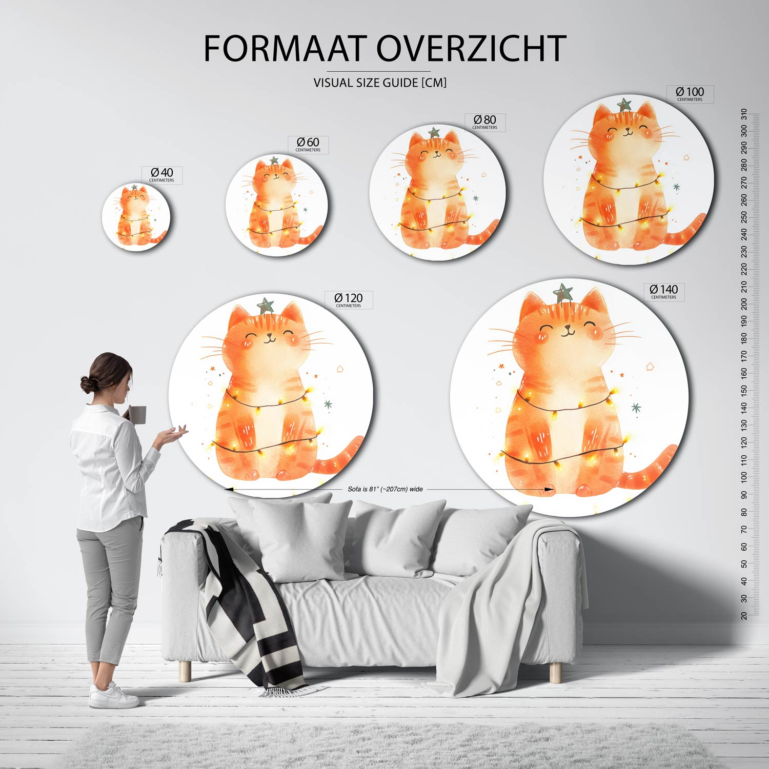 Oranje kat met lichtjes Muurcirkel
