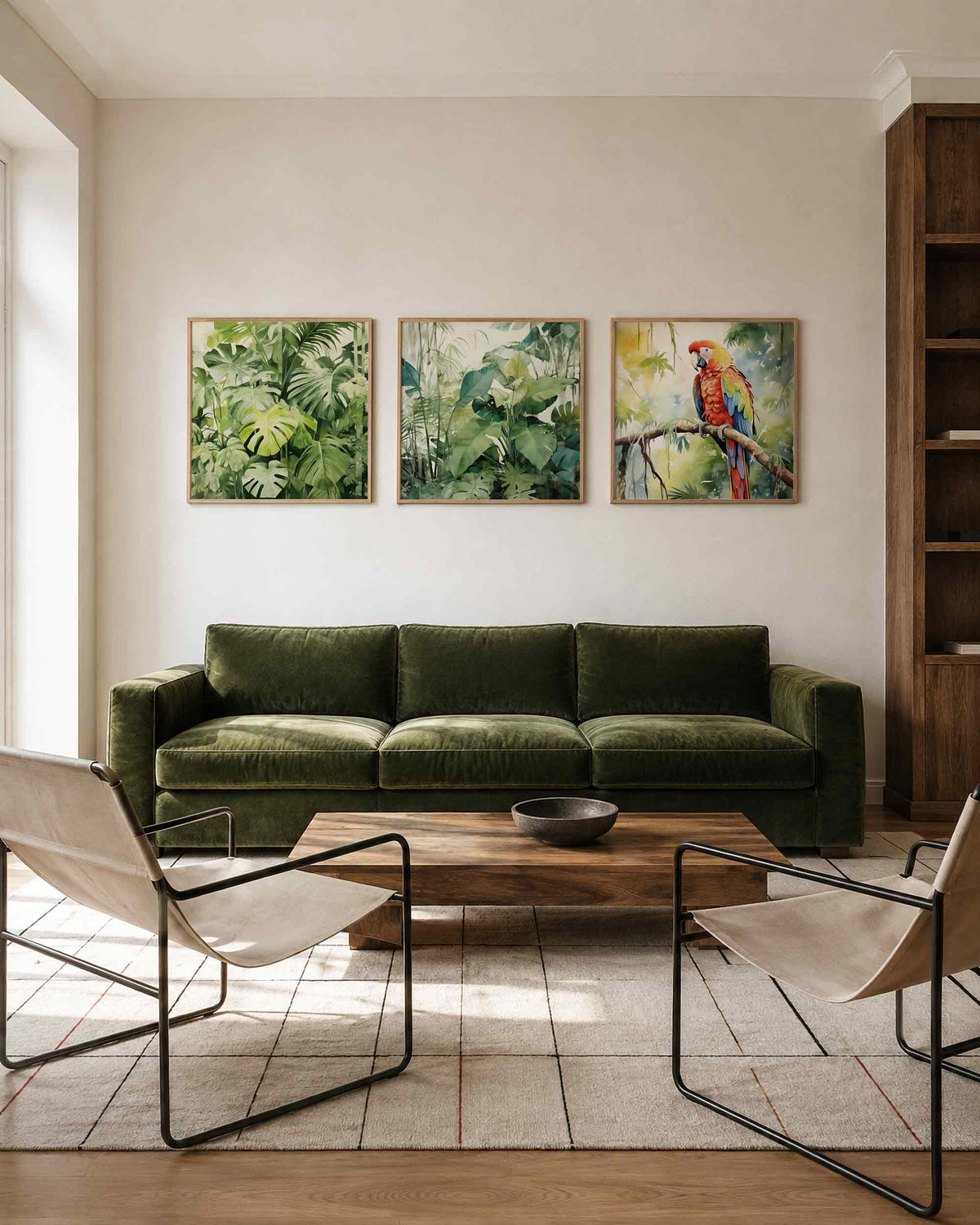 Interieurpresentatie van een driedelige vierkante posterset met tropische bladeren en ara