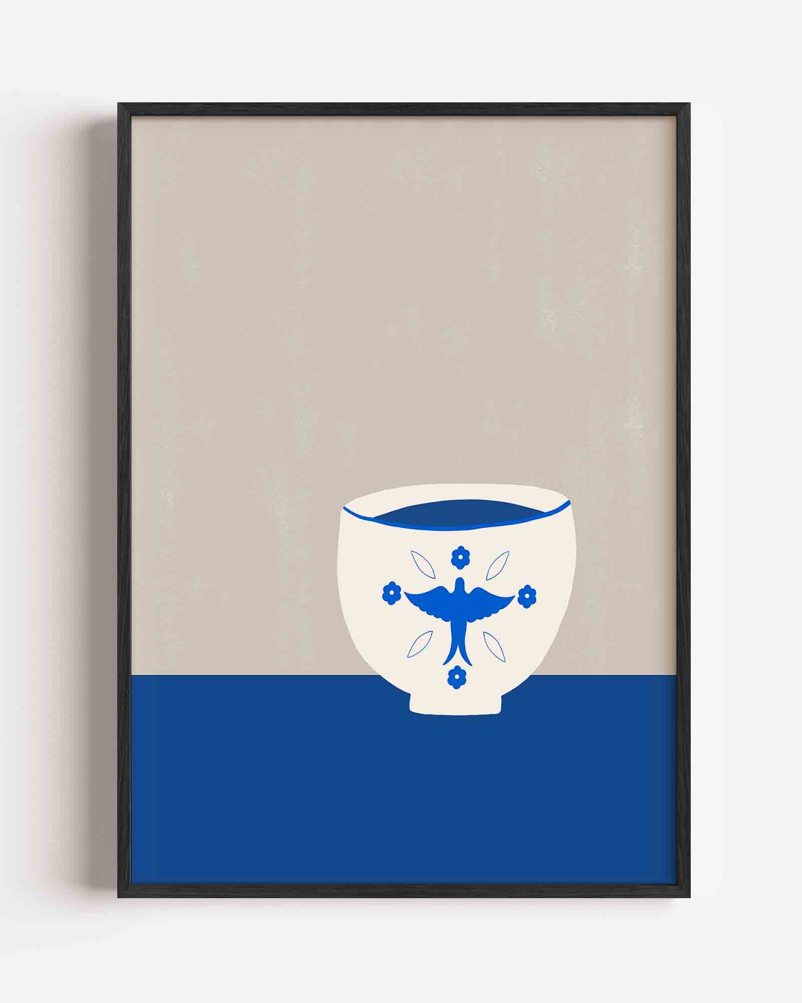 Witte kom met blauwe vogel Poster