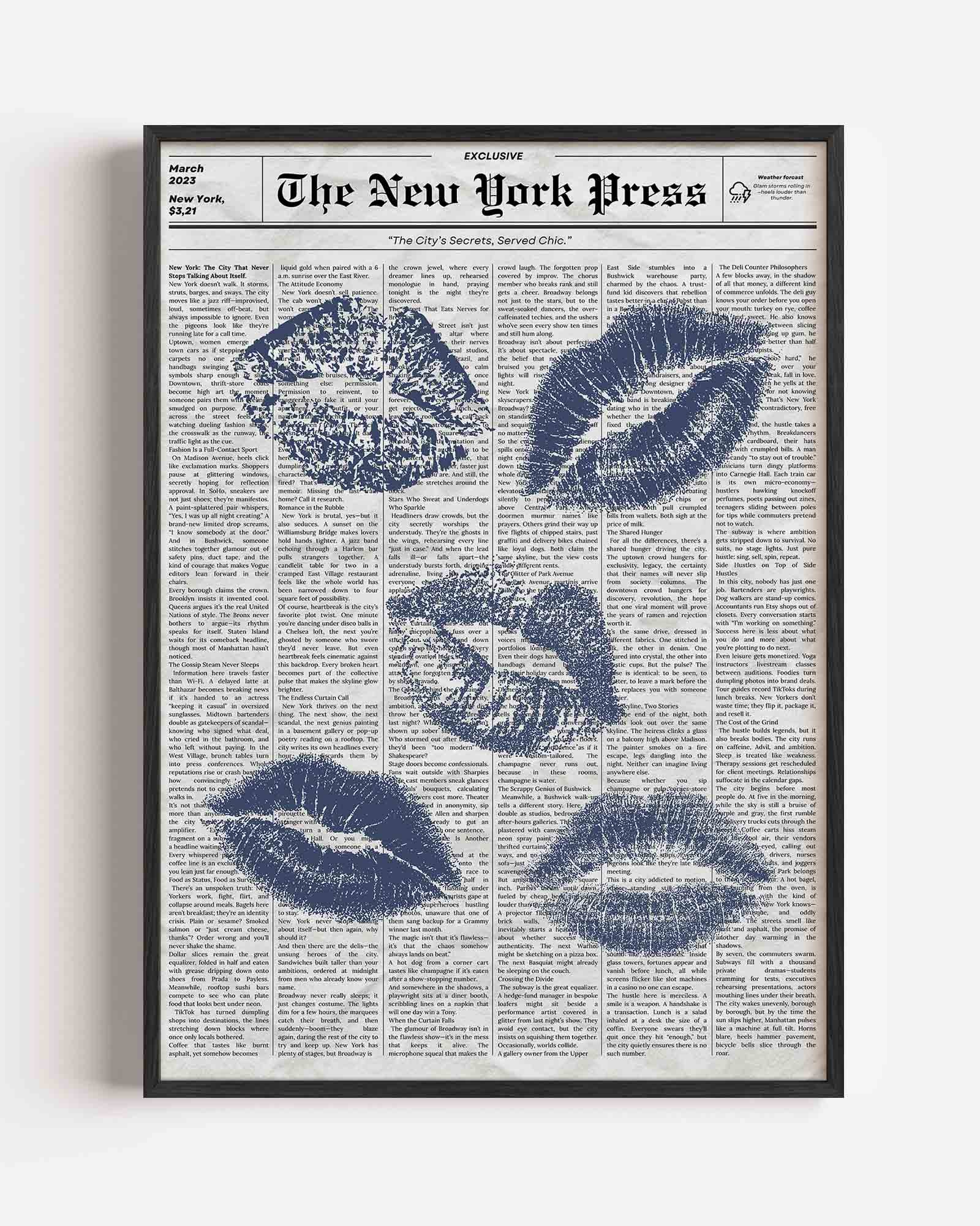 Blauwe lipafdrukken op krantenachtergrond Poster