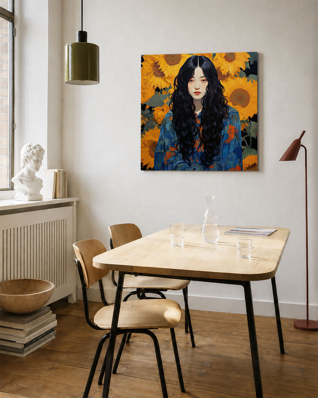 Vrouw met zonnebloemen Kunstwerk