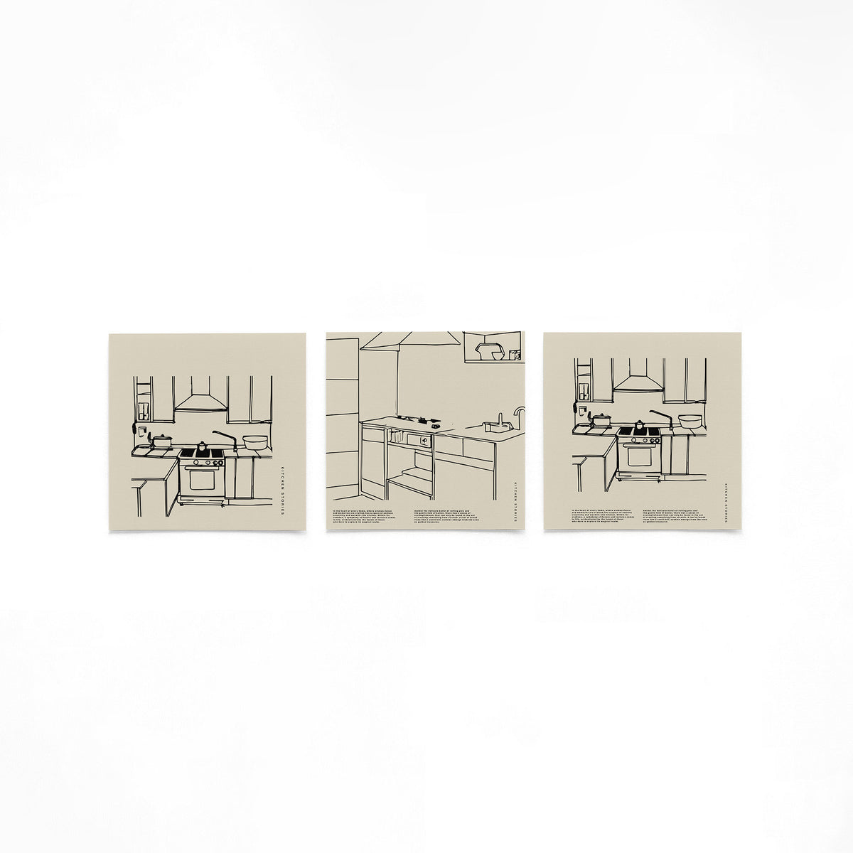 Drie vierkante posters met keuken illustraties op een gebroken witte achtergrond