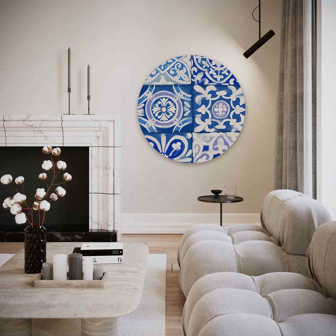Blauw witte tegelpatronen Muurcirkel