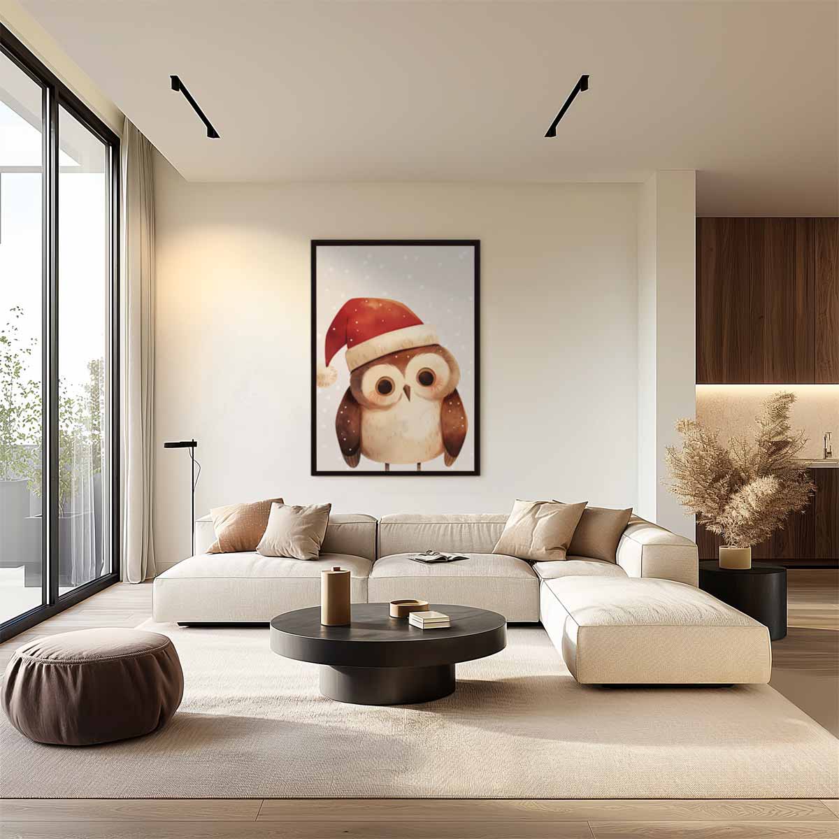 Schattige Uil met Kerstmuts Kunstwerk-canvas-dibond-plexiglas-wanddecoratie-WallArtistic