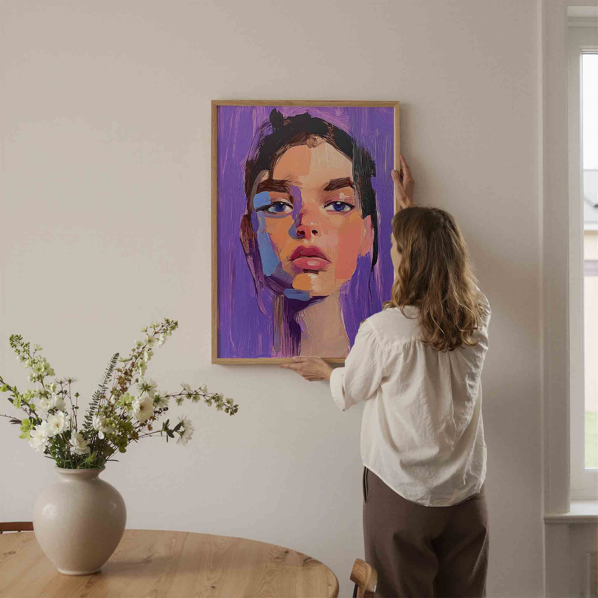 Portret met paarse achtergrond Poster