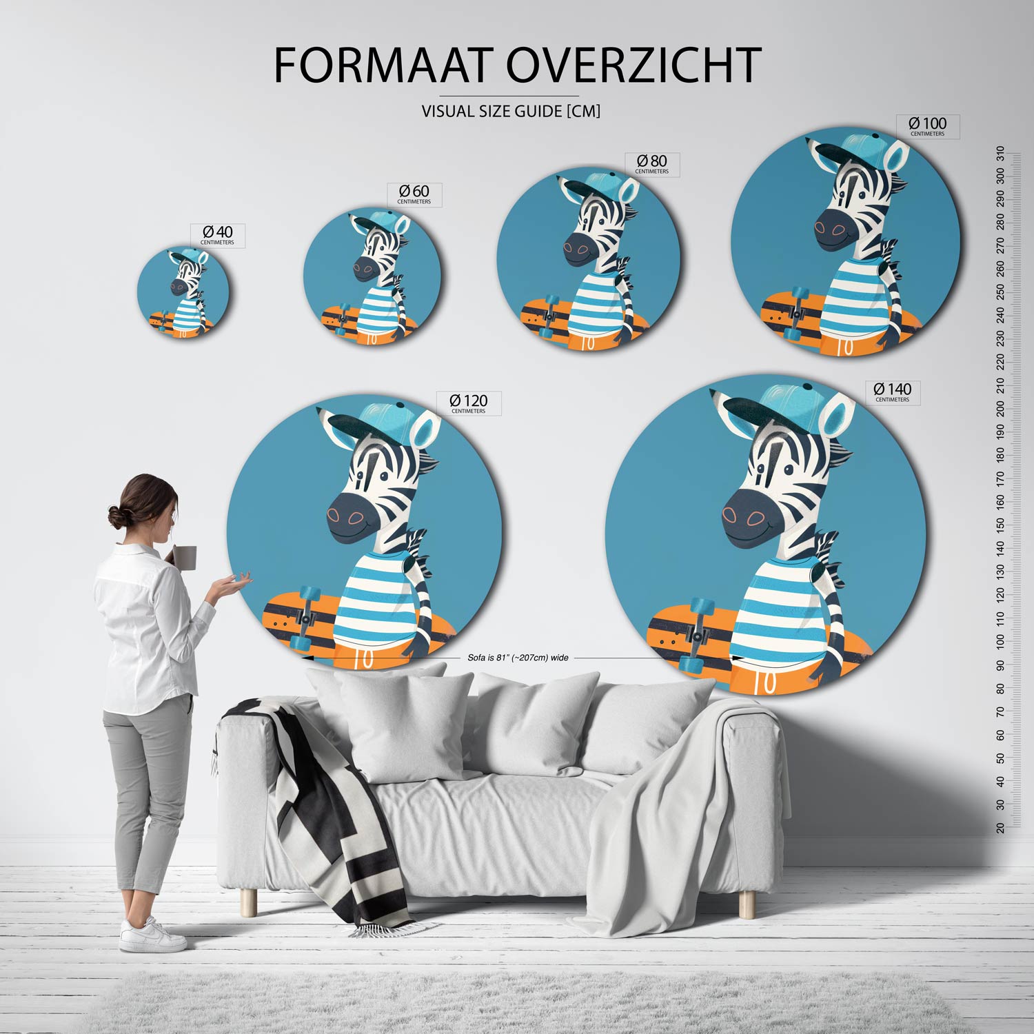 Zebra met skateboard Muurcirkel
