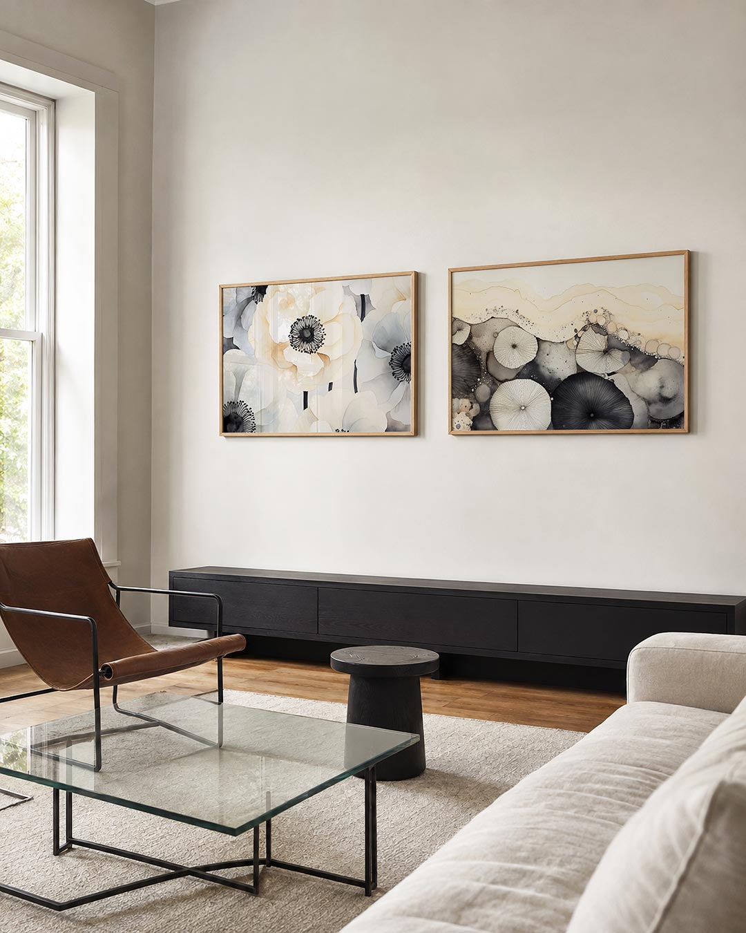 Twee liggende posters met grote bloemen in zachte tinten, aan de muur in een interieur