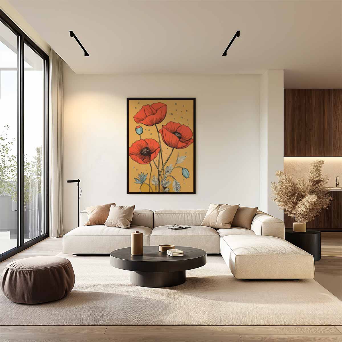 Vrolijke Klaprozen op Gouden Achtergrond Kunstwerk-canvas-dibond-plexiglas-wanddecoratie-WallArtistic