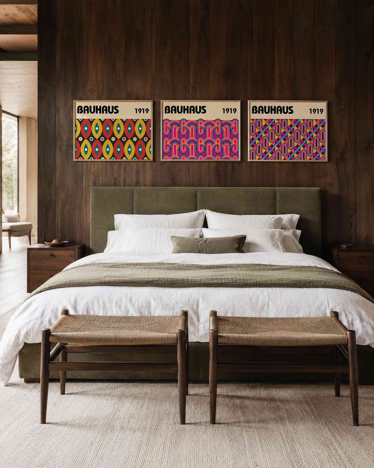 Interieurmockup van drieluik landscape-posterset met kleurbanen en ovale ritmes