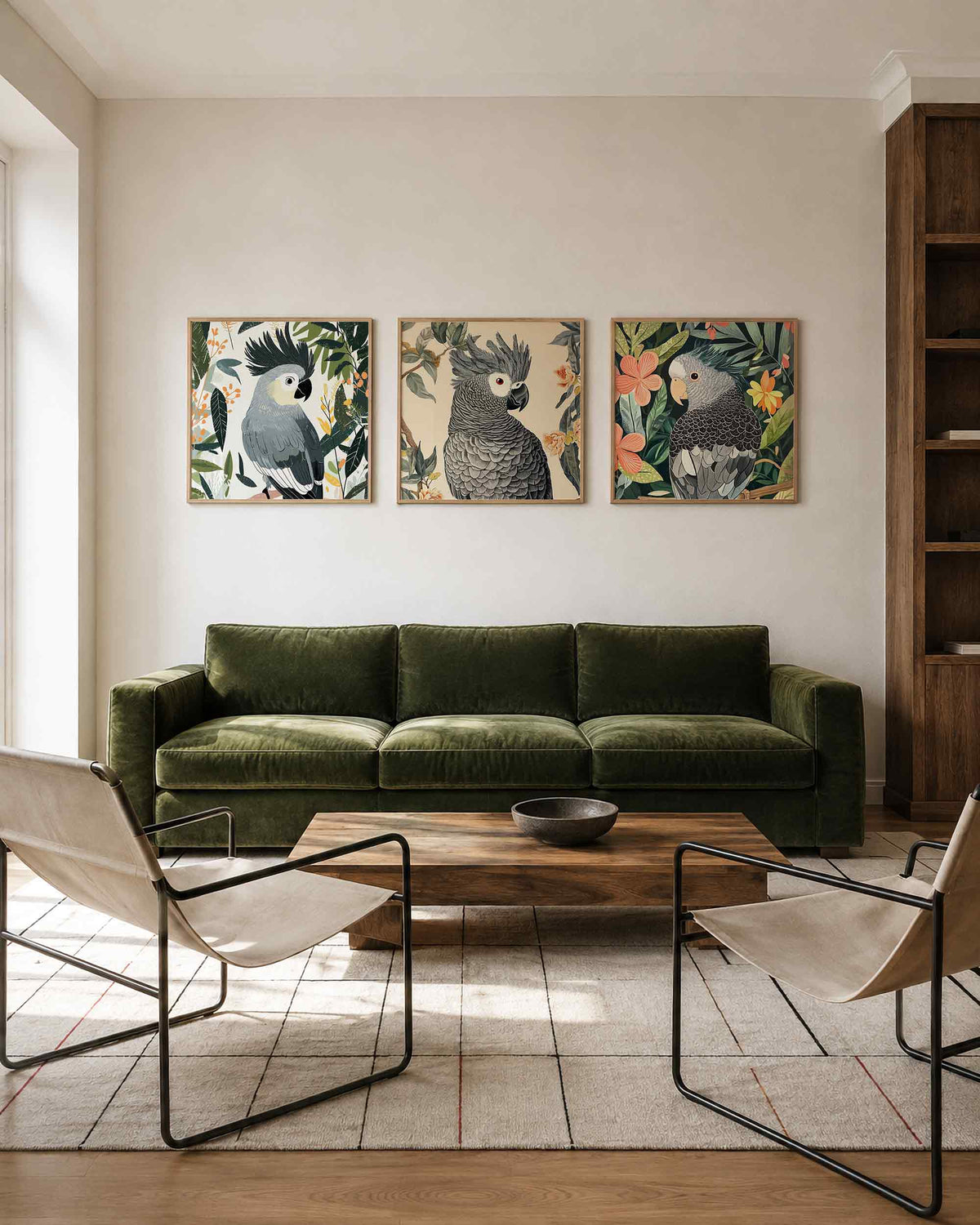 Interieurpresentatie van een driedelige vierkante posterset met papegaaien tussen bladeren