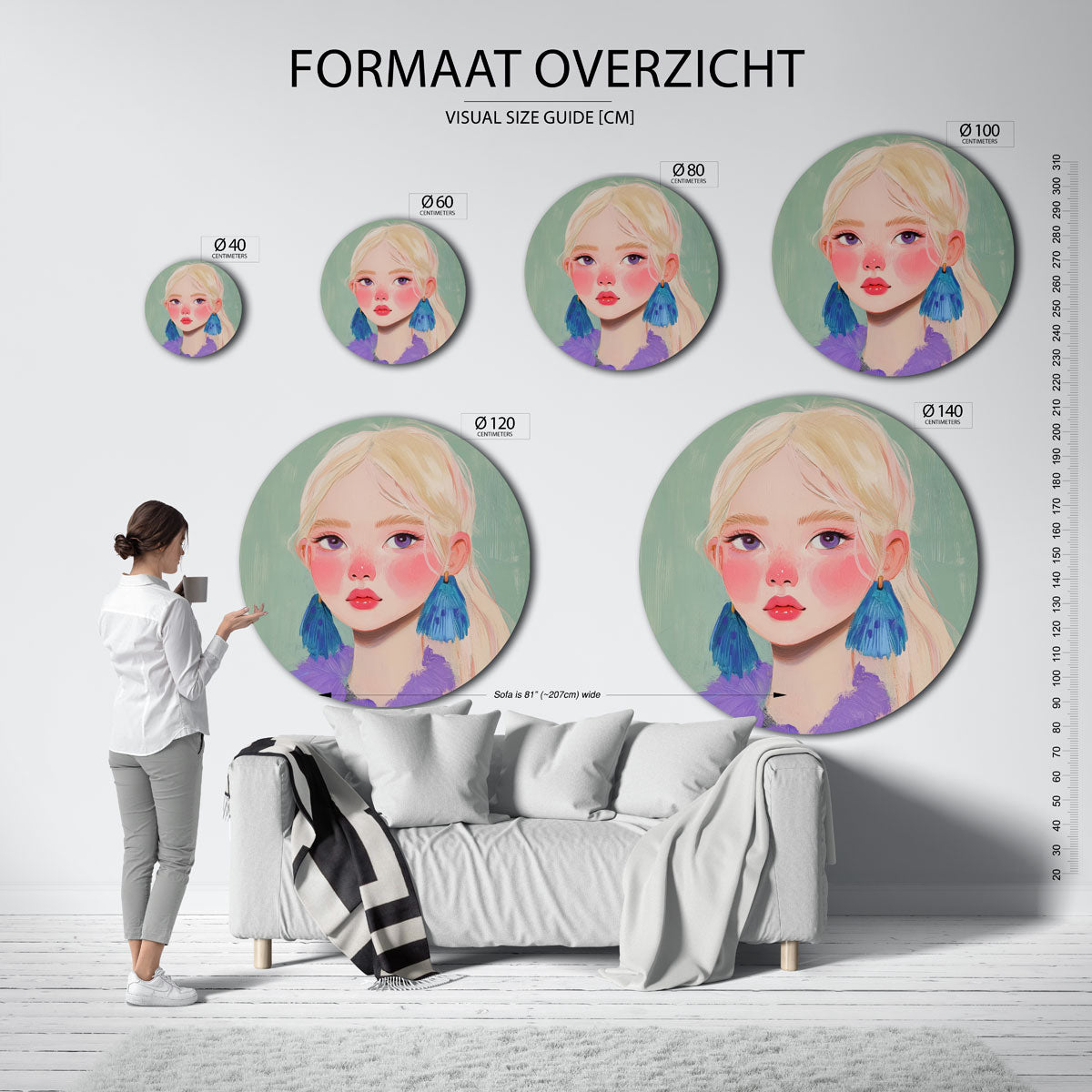 Portret met blauwe oorbellen Muurcirkel