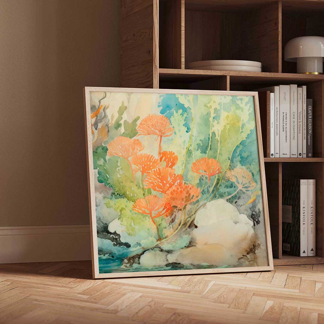 Oranje bloemen en groene bladeren Poster