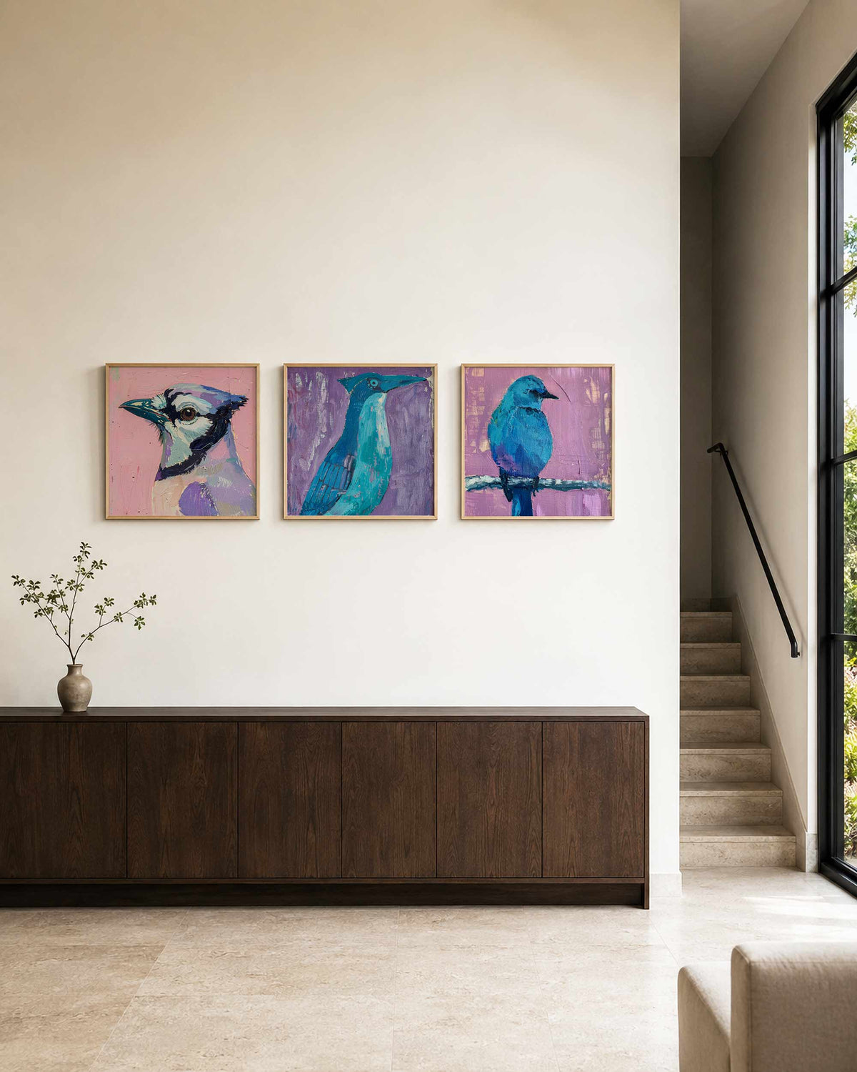 Interieurpresentatie van een driedelige vierkante posterset met kleurrijke vogels