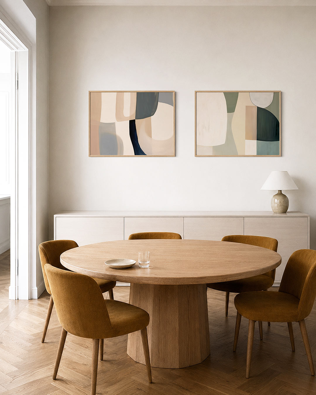 Interieurpresentatie van twee posters met zachte, vloeiende lijnen en fijne kleurvlakken in beige, blauw en grijs
