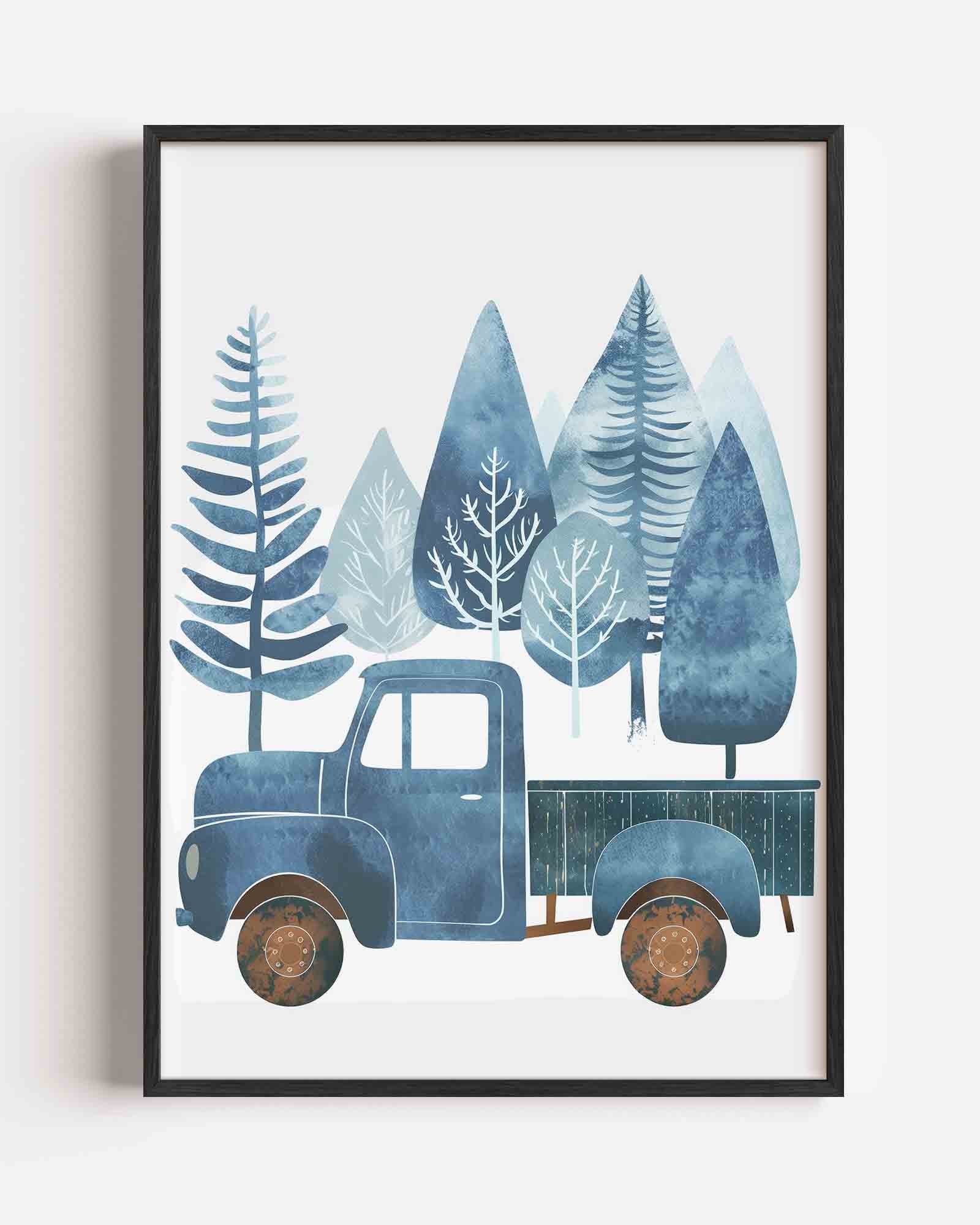 Blauwe vrachtwagen en bomen Poster