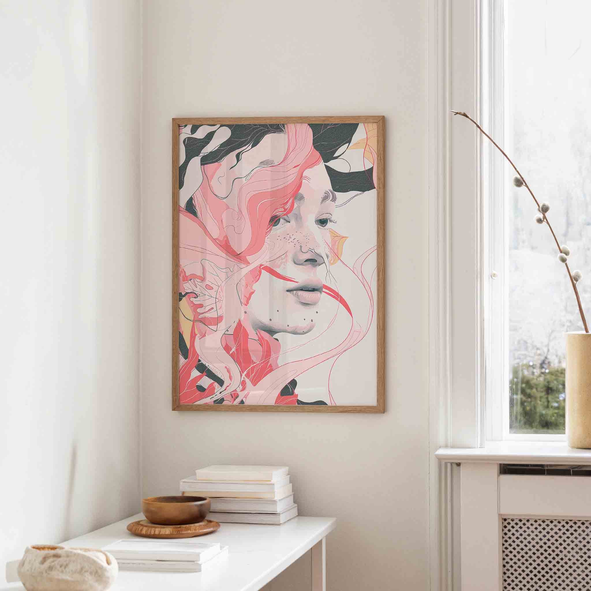 Vrouwelijk gezicht met roze lijnen Poster