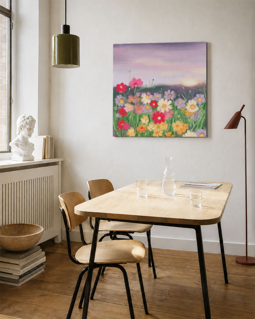 Bloemenveld bij zonsondergang Kunstwerk
