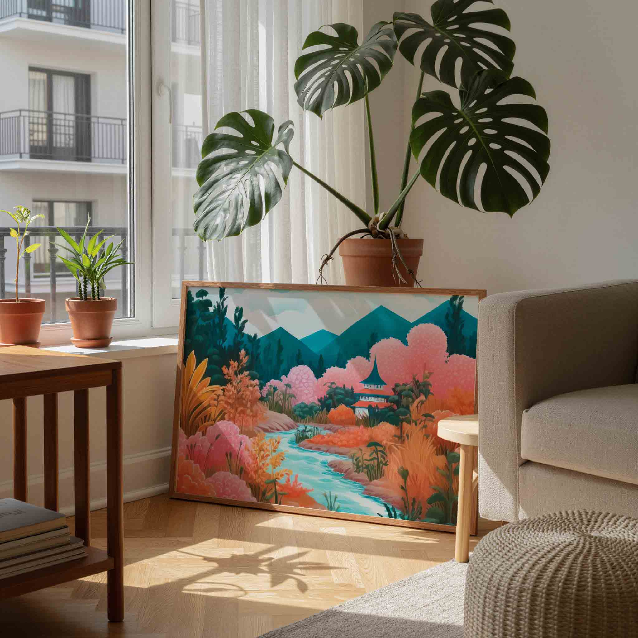 Landschap met rivier en pagode Poster