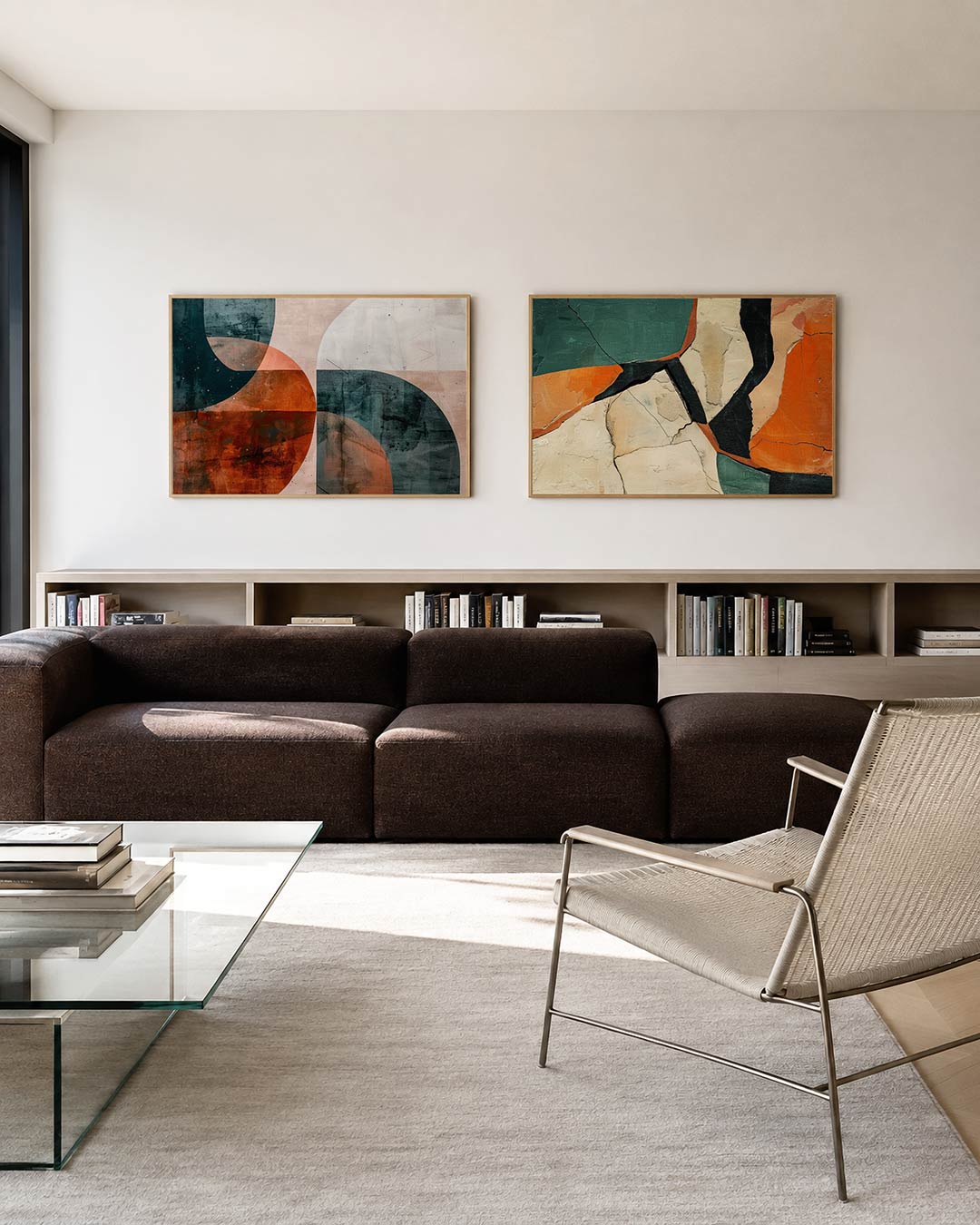Twee liggende posters met halve cirkels en rechthoeken in warme aardetinten en koel blauwgrijs, aan de muur in een interieur