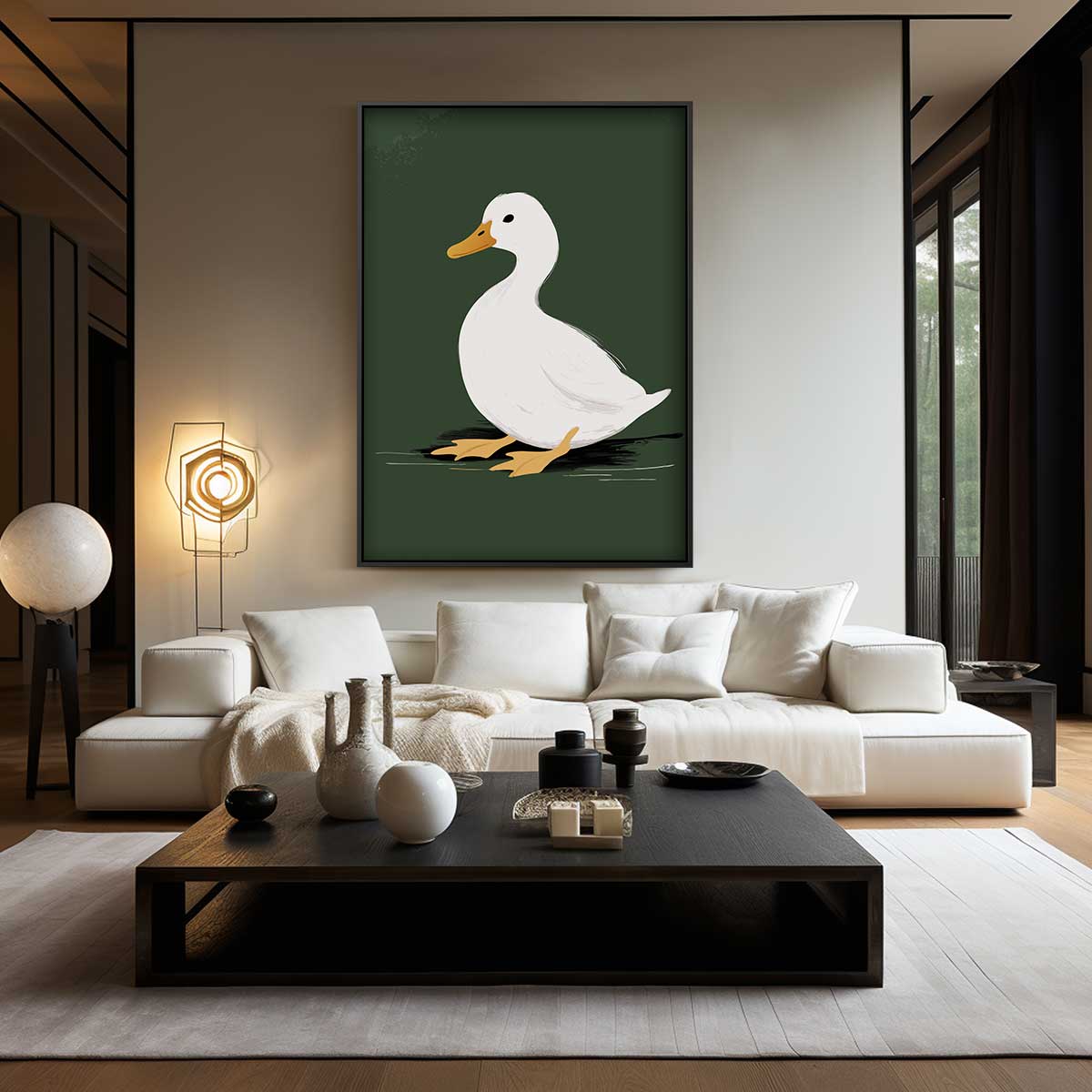 Eend op Donkergroene Achtergrond Kunstwerk-canvas-dibond-plexiglas-wanddecoratie-WallArtistic