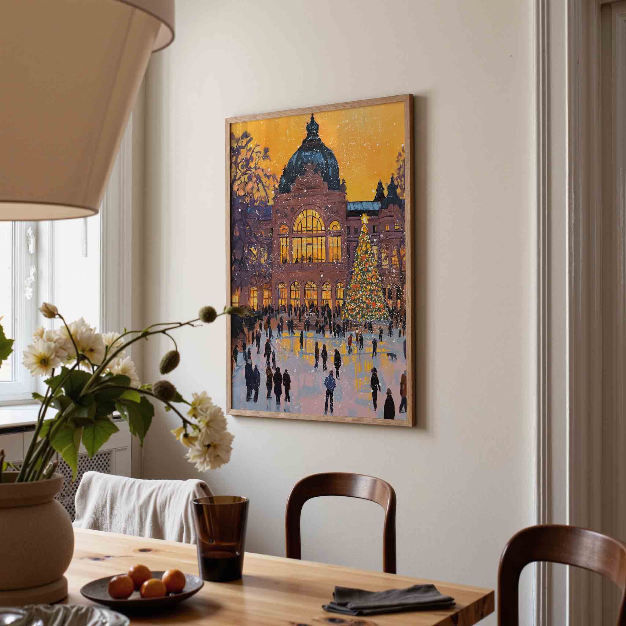 Winteravond bij verlichte hal Poster