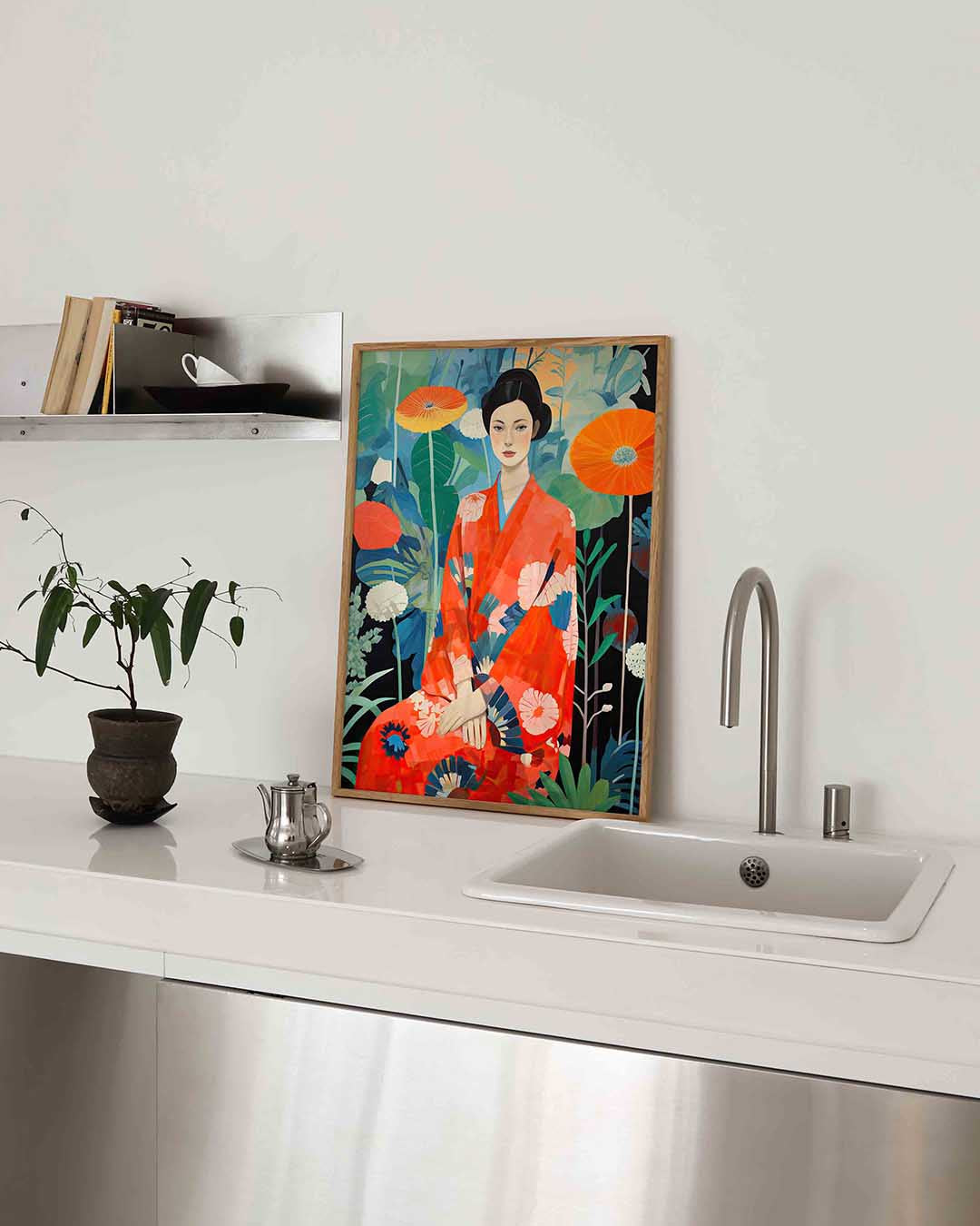 Vrouw in kimono met bloemen Poster