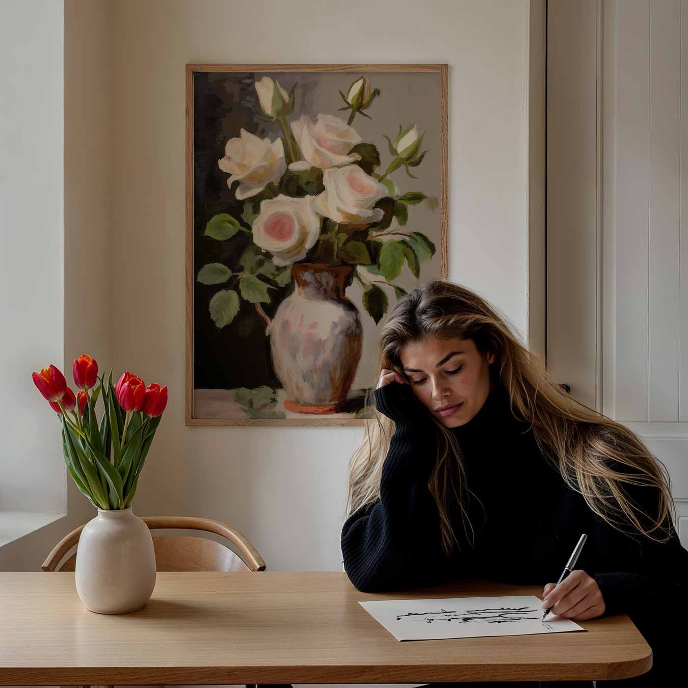 Elegante Witte Rozen in Vaas Poster-WallArtistic