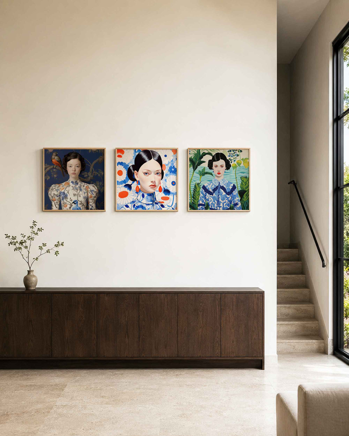 Interieurpresentatie van een driedelige vierkante posterset met vrouwenportretten met bloemen