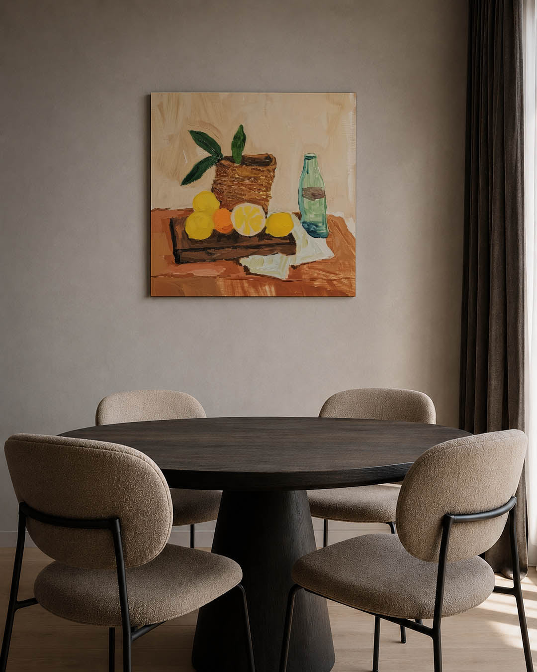 Fruit en fles compositie Kunstwerk